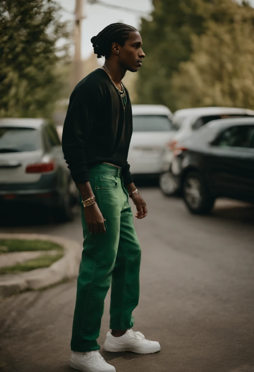 a$ap rocky wearing jeans, saggy pants, green boxers, sagging pants, showing green boxers, showing butt, facing the back, sagging green boxers