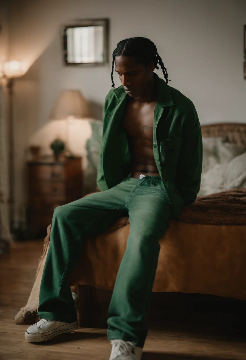 a$ap rocky wearing jeans, saggy pants, green boxers, sagging pants, showing green boxers, showing butt, facing the back, sagging green boxers