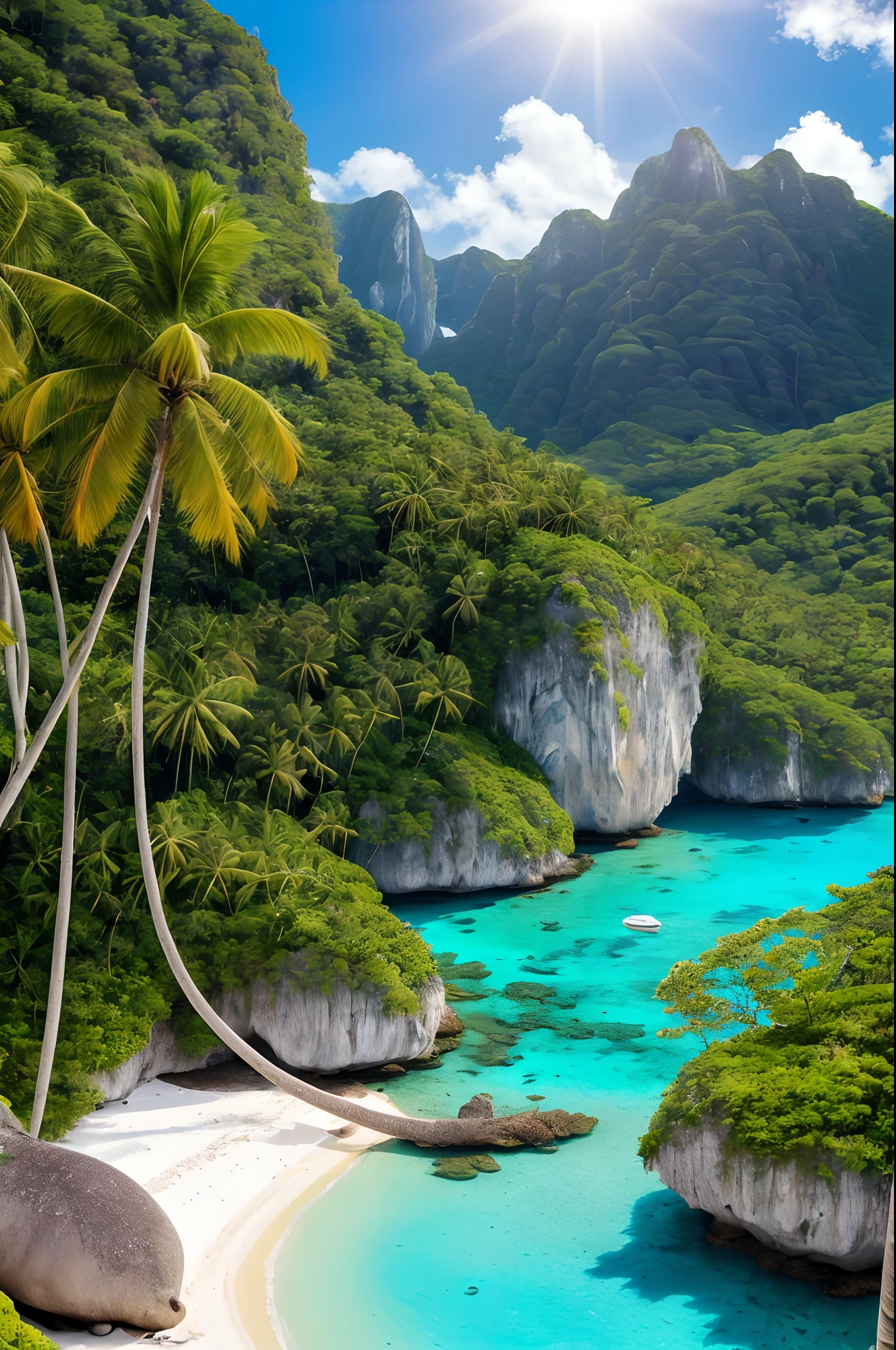 (best quality,4k,highres,masterpiece:1.2),ultra-detailed,realistic:1.37,photorealistic,HDR,UHD,aerial view,crystal-clear water,vivid colors, serene atmosphere,glowing sunset,remote island,hidden,isolated,breathtaking landscape,majestic,mountains,white sand beaches,tropical paradise,lush greenery,turquoise blue sea,tranquil,peaceful,secluded,untouched,pristine nature,warm sunlight,dreamy,fantasy,unforgettable,once-in-a-lifetime experience,romantic,serene,heartwarming,awe-inspiring surreal effects