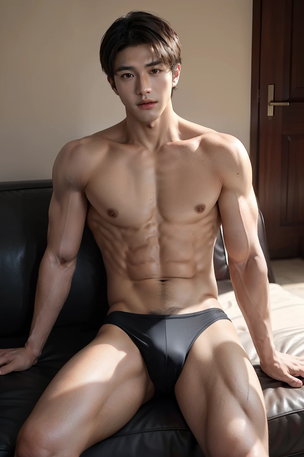 1 boy, masterpiece, handsome, korean, naked, muscle, muscular, korean idol, mingyu seventeen, not wearing clothes, good body, sitting, good looking, neat hair, bulge, big , 4K quality, HD