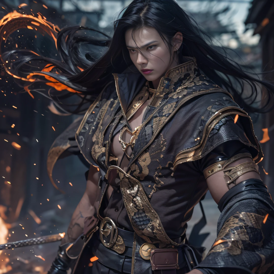 (废墟)eyes filled with angry,He clenched his fists,Rush up,Deliver a fatal blow to your opponent,full bodyesbian,Full Body Male Mage 32K(tmasterpiece,k hd,hyper HD,32K)Long flowing black hair,Campsite size,zydink, a color, patriot (废墟), (Linen batik scarf), Angry fighting stance, looking at the ground, Batik linen bandana, Chinese python pattern long-sleeved garment, (Abstract propylene splash:1.2), Dark clouds lightning background,Flour flies(realisticlying:1.4),Black color hair,Flour fluttering,Background fog, A high resolution, the detail, RAW photogr, Sharp Re, Nikon D850 Film Stock Photo by Jefferies Lee 4 Kodak Portra 400 Camera F1.6 shots, Rich colors, ultra-realistic vivid textures, Dramatic lighting, Unreal Engine Art Station Trend, cinestir 800,Flowing black hair,(((Male mage))),The male mage was furious,