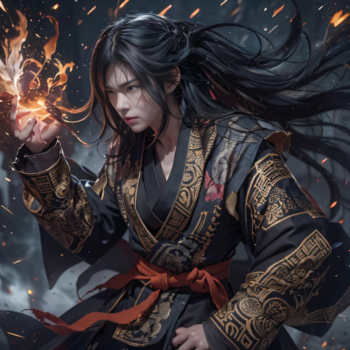 (废墟)eyes filled with angry,He clenched his fists,Rush up,Deliver a fatal blow to your opponent,full bodyesbian,Full Body Male Mage 32K(tmasterpiece,k hd,hyper HD,32K)Long flowing black hair,Campsite size,zydink, a color, patriot (废墟), (Linen batik scarf), Angry fighting stance, looking at the ground, Batik linen bandana, Chinese python pattern long-sleeved garment, (Abstract propylene splash:1.2), Dark clouds lightning background,Flour flies(realisticlying:1.4),Black color hair,Flour fluttering,Background fog, A high resolution, the detail, RAW photogr, Sharp Re, Nikon D850 Film Stock Photo by Jefferies Lee 4 Kodak Portra 400 Camera F1.6 shots, Rich colors, ultra-realistic vivid textures, Dramatic lighting, Unreal Engine Art Station Trend, cinestir 800,Flowing black hair,(((Male mage))),The male mage was furious,