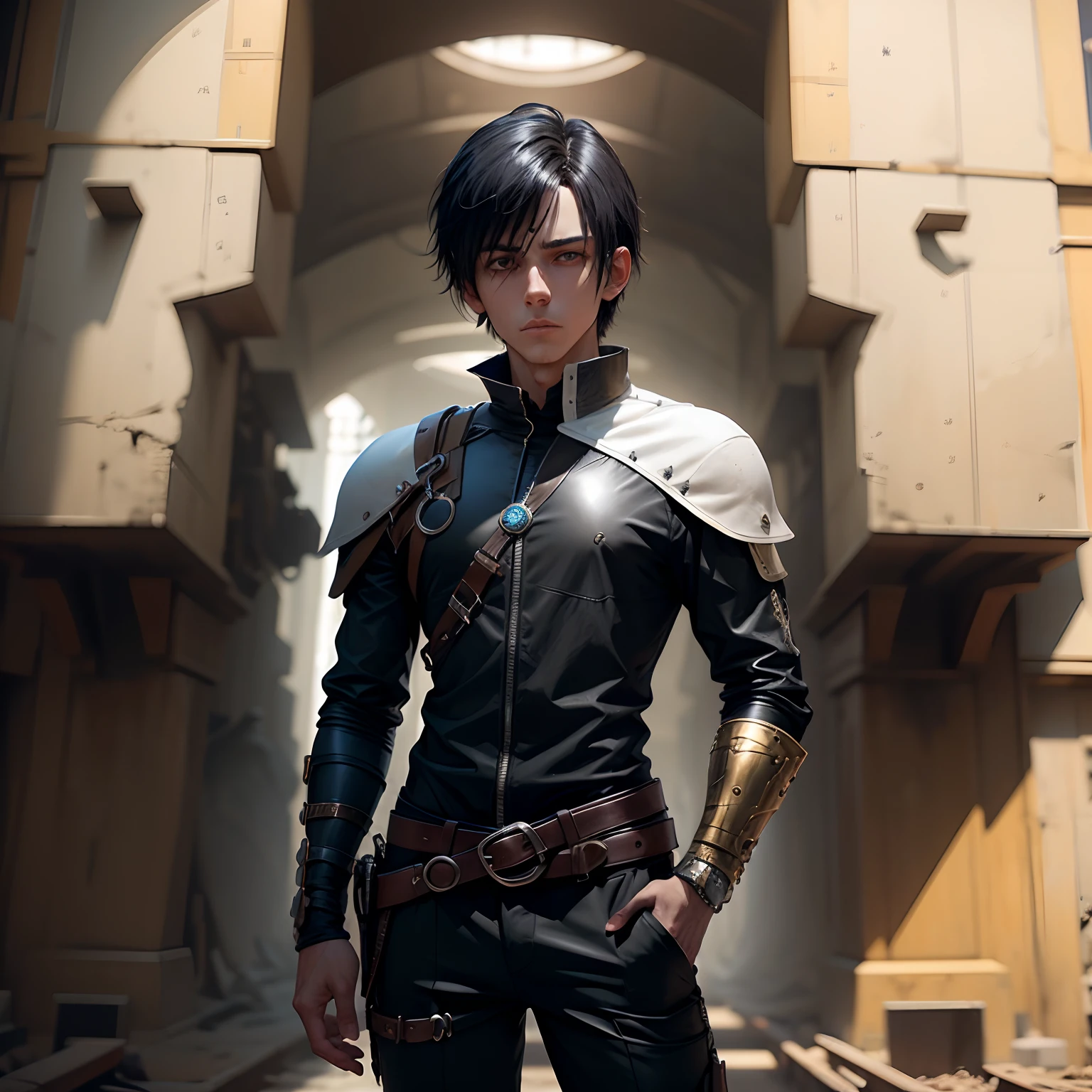 Imagine a 20-year-old boy of the middle ages look like leon kennedy with black hair, Dressed in a black long-sleeved shirt and pants, usando armadura de couro . He wears a white mask that only reveals his eyes . In his hand, Ele segura uma espada longa enferrujada com uma grossa bainha preta e um cabo de madeira desgastado --auto