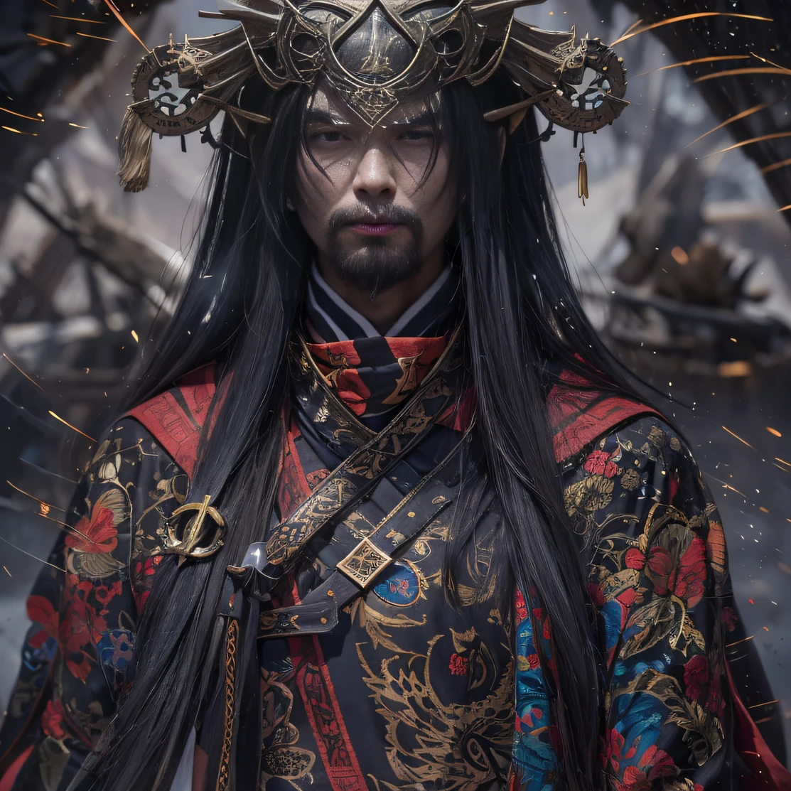 (废墟)eyes filled with angry,He clenched his fists,Rush up,Deliver a fatal blow to your opponent,full bodyesbian,Full Body Male Mage 32K(tmasterpiece,k hd,hyper HD,32K)Long flowing black hair,Campsite size,zydink, a color, patriot (废墟), (Linen batik scarf), Angry fighting stance, looking at the ground, Batik linen bandana, Chinese python pattern long-sleeved garment, (Abstract propylene splash:1.2), Dark clouds lightning background,Flour flies(realisticlying:1.4),Black color hair,Flour fluttering,Background fog, A high resolution, the detail, RAW photogr, Sharp Re, Nikon D850 Film Stock Photo by Jefferies Lee 4 Kodak Portra 400 Camera F1.6 shots, Rich colors, ultra-realistic vivid textures, Dramatic lighting, Unreal Engine Art Station Trend, cinestir 800,Flowing black hair,(((Male mage))),The male mage was furious,