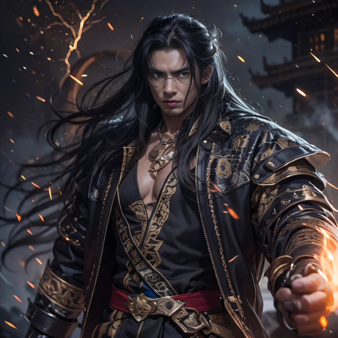 (废墟)eyes filled with angry,He clenched his fists,Rush up,Deliver a fatal blow to your opponent,full bodyesbian,Full Body Male Mage 32K(tmasterpiece,k hd,hyper HD,32K)Long flowing black hair,Campsite size,zydink, a color, patriot (废墟), (Linen batik scarf), Angry fighting stance, looking at the ground, Batik linen bandana, Chinese python pattern long-sleeved garment, (Abstract propylene splash:1.2), Dark clouds lightning background,Flour flies(realisticlying:1.4),Black color hair,Flour fluttering,Background fog, A high resolution, the detail, RAW photogr, Sharp Re, Nikon D850 Film Stock Photo by Jefferies Lee 4 Kodak Portra 400 Camera F1.6 shots, Rich colors, ultra-realistic vivid textures, Dramatic lighting, Unreal Engine Art Station Trend, cinestir 800,Flowing black hair,(((Male mage))),The male mage was furious,