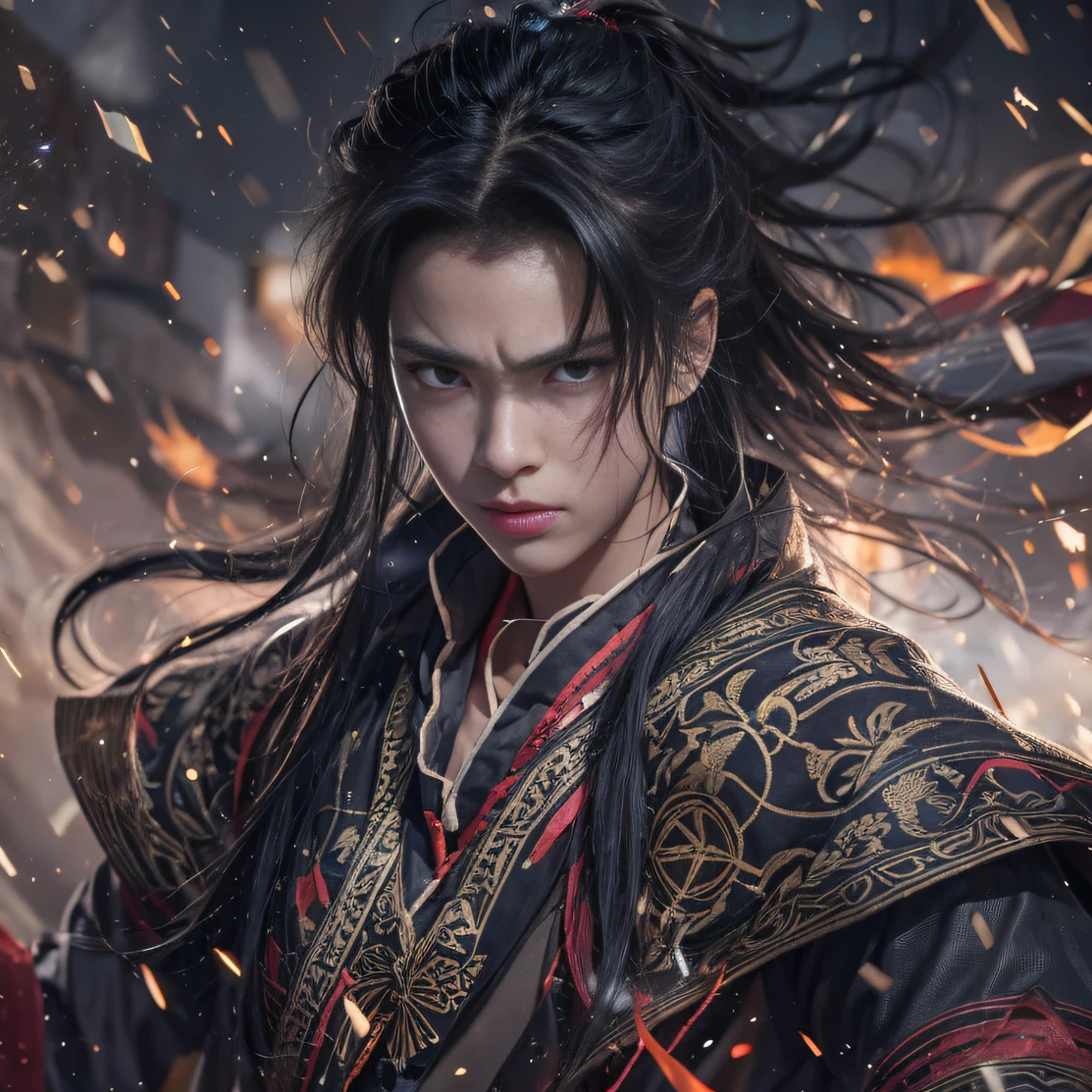 （废墟）eyes filled with angry，He clenched his fists，Rush up，Deliver a fatal blow to your opponent，full bodyesbian，Full Body Male Mage 32K（tmasterpiece，k hd，hyper HD，32K）Long flowing black hair，Campsite size，zydink， a color， patriot （废墟）， （Linen batik scarf）， Angry fighting stance， looking at the ground， Batik linen bandana， Chinese python pattern long-sleeved garment， （Abstract propylene splash：1.2）， Dark clouds lightning background，Flour flies（realisticlying：1.4），Black color hair，Flour fluttering，Background fog， A high resolution， the detail， RAW photogr， Sharp Re， Nikon D850 Film Stock Photo by Jefferies Lee 4 Kodak Portra 400 Camera F1.6 shots, Rich colors, ultra-realistic vivid textures, Dramatic lighting, Unreal Engine Art Station Trend, cinestir 800，Flowing black hair,（（（Male mage））），The male mage was furious，