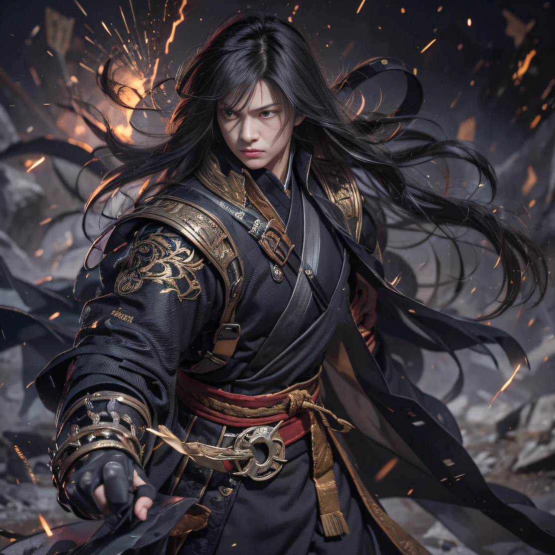 （废墟）eyes filled with angry，He clenched his fists，Rush up，Deliver a fatal blow to your opponent，full bodyesbian，Full Body Male Mage 32K（tmasterpiece，k hd，hyper HD，32K）Long flowing black hair，Campsite size，zydink， a color， patriot （废墟）， （Linen batik scarf）， Angry fighting stance， looking at the ground， Batik linen bandana， Chinese python pattern long-sleeved garment， （Abstract propylene splash：1.2）， Dark clouds lightning background，Flour flies（realisticlying：1.4），Black color hair，Flour fluttering，Background fog， A high resolution， the detail， RAW photogr， Sharp Re， Nikon D850 Film Stock Photo by Jefferies Lee 4 Kodak Portra 400 Camera F1.6 shots, Rich colors, ultra-realistic vivid textures, Dramatic lighting, Unreal Engine Art Station Trend, cinestir 800，Flowing black hair,（（（Male mage））），The male mage was furious，