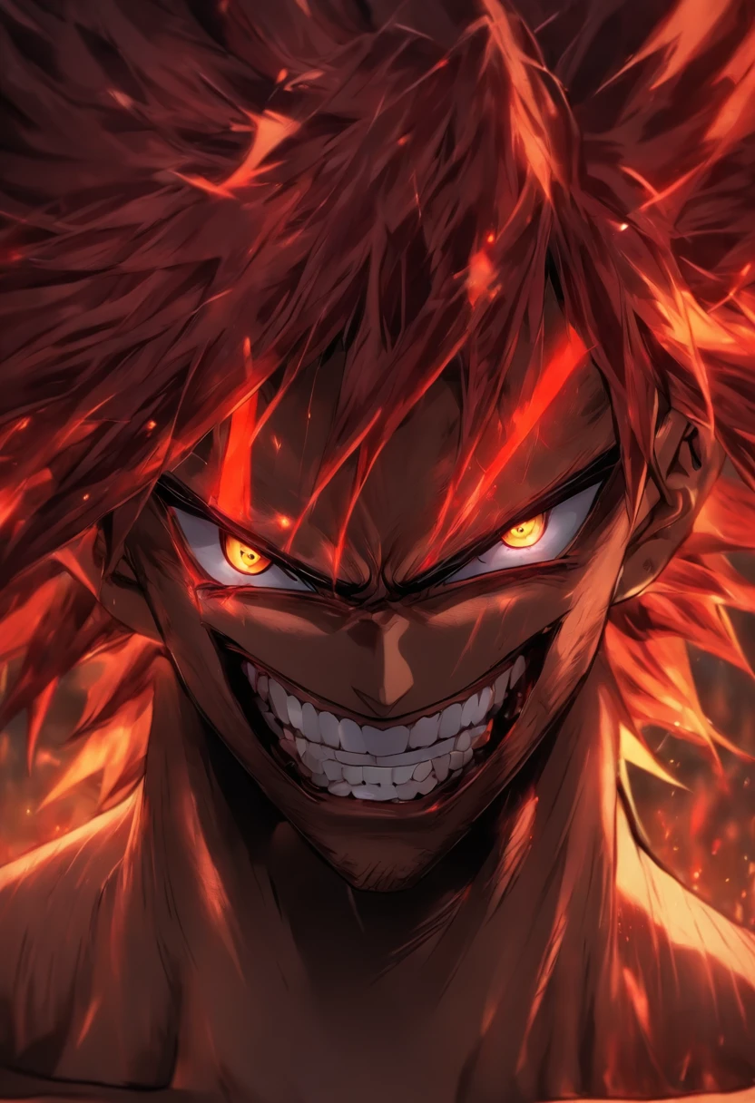 High quality, Ultra detailed, Man no shirt, Face behind the camera，Head facing the camera, Ultra photo realsisim, Red eyes, White hair, On the road, standing, scar across the nose, fangs on theet, white eyes