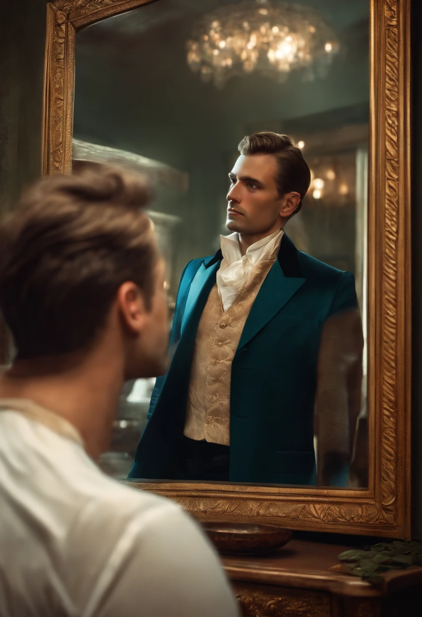 Illustration of a very vain man admiring his own image reflected in the mirror