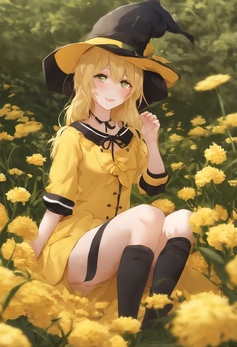 there is a woman in a black hat and yellow shirt, wearing wheat yellow gauze, cosplay of a catboy! maid! dress, witchcore clothes, anime girl cosplay, rin, loli, kagamine rin, yellow and black, rena nounen style 3/4, bright witch, with yellow cloths, magical school student uniform, marisa kirisame