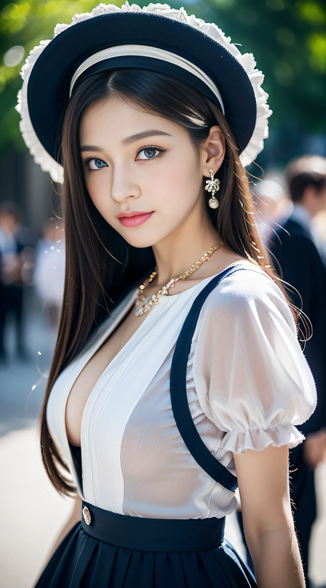 (32K,very high res, high detailing, highly accurate, masutepiece、girl1:1.5),Raw photo & realistic atmosphere,beautiful dark blue eyes,Detailed mouth,Glossy lips,Detailed eyebrows,Eyes drawn in detail with soft white skin that shines in every detail、Very beautiful eyes with azure eyes,Detailed lips、Very beautiful face,Very well-formed face、Lifelike face,shiny beautiful lips,Beautiful eyebrows,Infinite reality,Best design,(Insanely cute Japan 15-year-old beautiful girl,Beautiful thighs,Ideal legs,Beautifully shaped breasts,Very cute beautiful girl,:1.4),Best Natural Makeup,Japanese ido,Korean Idols,Young sensual idol,Moist eyes,Beautiful eyes that sparkle,Beautiful butt,beauty legs,,camel's foot,:1.2),超A high resolution、The face of a masterpiece with high detail,Natural and realistic face,Back lighting,Pure eyes are too cute,Reality Live Action,(Earrings that look good in Lolita fash,a necklace,hair adornments,Head dress,Lolita hat:1.5)ssy nail art,Blonde medium permed hair:1.4),(Very beautiful blue-based Lolita fashion withh detail high definition,High Detail High Definition Beautiful Blue Base Modern Lolita,a miniskirt,Showl-body fashion:1.6),Looks Back,On the streets of Harajuku,Gentle smile