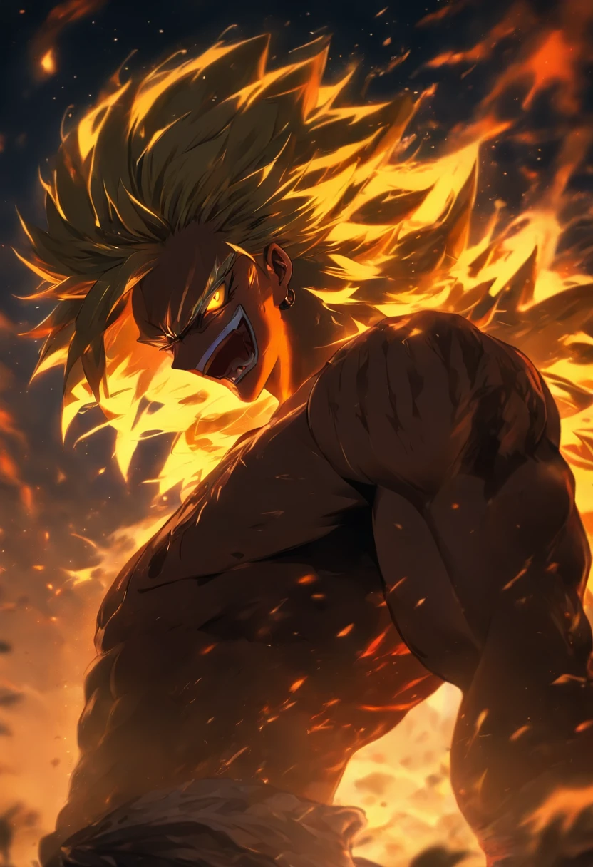 (best quality, ultra-detailed, realistic:1.37), man without a shirt, face behind the camera, head facing the camera, ultra photorealism, piercing red eyes, elegant white hair, standing on the road, scar on the nose, menacing fangs, piercing white eyes, scenic landscape, golden sunset, rugged mountains in the background, a sense of adventure and mystery, shadows creating a dramatic atmosphere, intense focus on the subject, masterful brushstrokes and fine detailing, vivid colors contrasting with the dark surroundings, atmospheric lighting highlighting the protagonist, rich textures and materials, dynamic composition capturing the energy of the moment, professional photography-inspired aesthetic