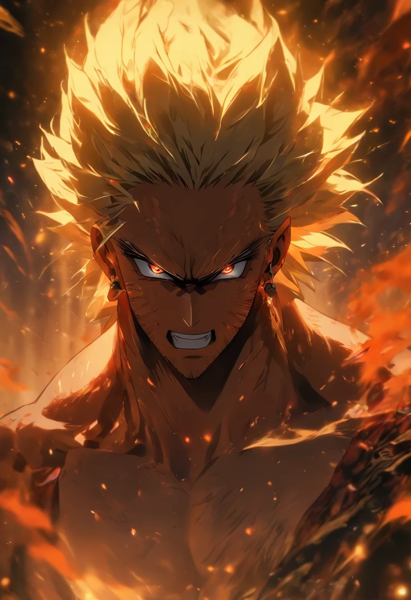 (best quality, ultra-detailed, realistic:1.37), man without a shirt, face behind the camera, head facing the camera, ultra photorealism, piercing red eyes, elegant white hair, standing on the road, scar on the nose, menacing fangs, piercing white eyes, scenic landscape, golden sunset, rugged mountains in the background, a sense of adventure and mystery, shadows creating a dramatic atmosphere, intense focus on the subject, masterful brushstrokes and fine detailing, vivid colors contrasting with the dark surroundings, atmospheric lighting highlighting the protagonist, rich textures and materials, dynamic composition capturing the energy of the moment, professional photography-inspired aesthetic