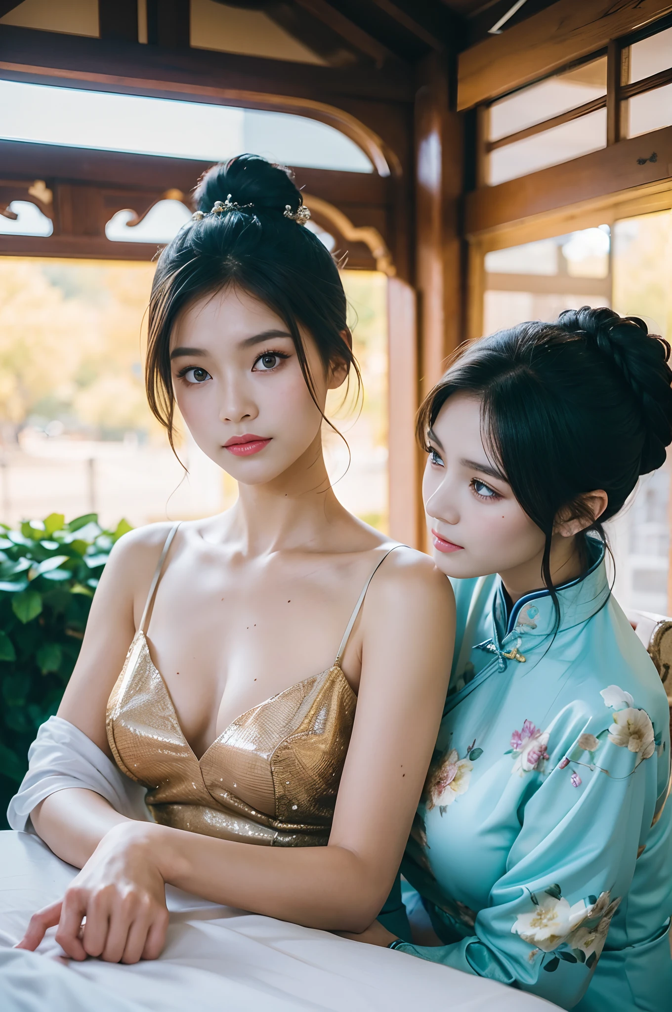 primitive, (((two girls,duo,stroking))),Nikon Z 85mm, award-winning glamorous photography,((Best quality)), ((Masterpiece)), ((Realistic)), 19th century, Vintage image, Beautiful Chinese women wears translucent cheongsam,single hairbun,Chinese hair ornament,Chinese hairstick:1.4,Chinese hairpins:1.4, 25 years, Brown eyes, Sitting together in a railway station in Paris, retro train in the background, The proportions are the same for all races, All faces and pictures must be different, use all spectre of your different emotions from happiness to anger, Perfect composition golden ratio,((Small breasts)), Innocent, Flower pedal in the air, ((freckle)), Intricate details, Highly detailed, Sharp focus, professional, 4K, spring flowers blooming, divine rays, Hand model, stunning blue eyes, small, Delicate, Innocent, high resolution, Detailed facial features, High detail, Sharp focus, smooth, Aesthetic, Extremely detailed, photore_\(Supergianthugebreasts\), Photorealistic, Realistic, Post-processing, Maximum detail, Roughness, Real life, Ultra photo realsisim, Photorealism, Photography, 8K UHD, Photography, light SEMI-SILHOUETTE, russian face