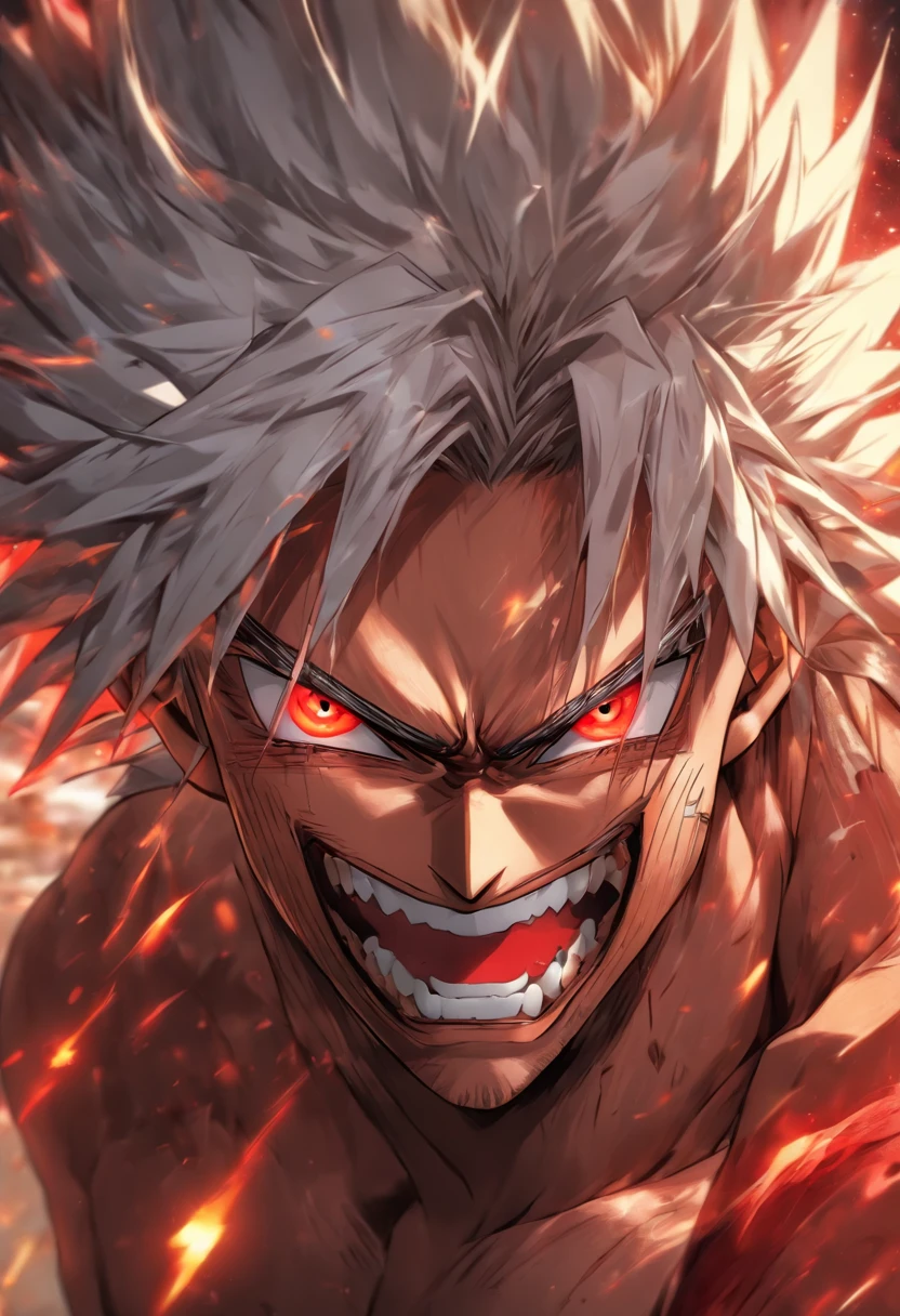 High quality, Ultra detailed, Man no shirt, Face behind the camera，Head facing the camera, Ultra photo realsisim, Red eyes, White hair, On the road, standing, scar across the nose, fangs on theet, white eyes