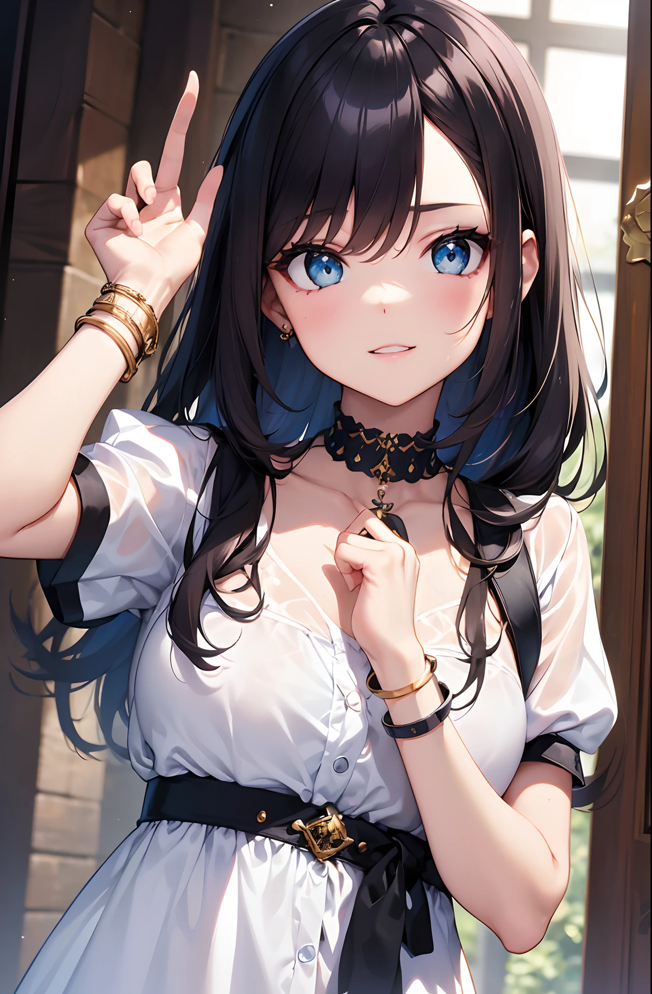(Masterpiece, High detail, High-quality model, Des mains et des doigts parfaits) 1 jeune fille de vingt ans de 22 ans, longs cheveux noirs, Elemental Magic, dynamique, beaux yeux, Golden bracelet, streetwear, SFW,