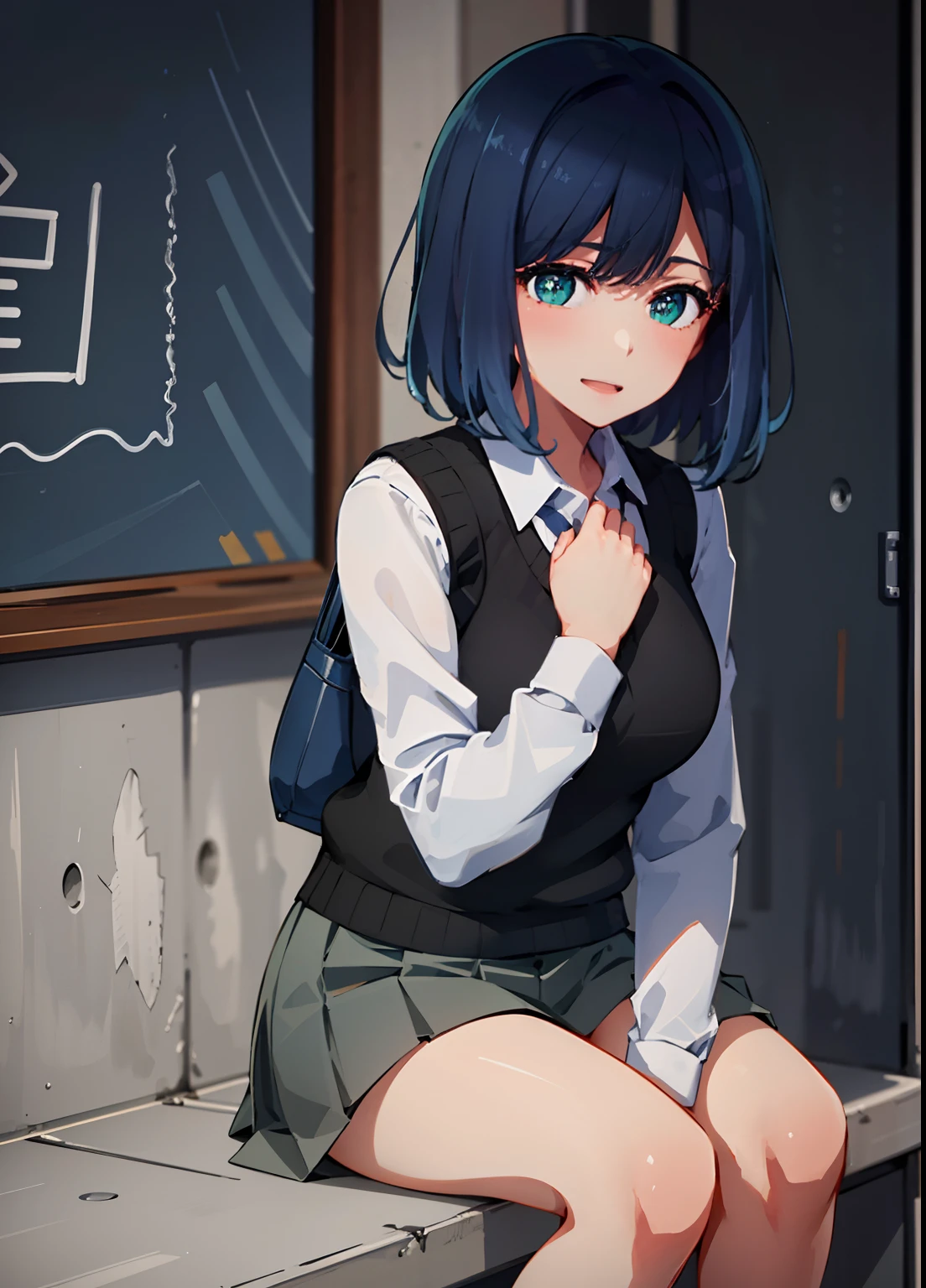 Beautiful lighting, One Girl, solo, Akane, White shirt, (((skirt)))，Sweater vest, Black vest, Blue tie, ((Anime Style))、((2D))、Laughter、Open your mouth、Look forward，((Cotton panties with crotch))，(((skirtめくり, I can see your pants)))，squat，From below，blush，Embarrassing，skirtを持ち上げる，Spread your legs，(( Masturbating by touching the vagina with your fingers)), (( Masturbating by touching the vagina with your fingers)), (( Masturbating by touching the vagina with your fingers)), (( Masturbating by touching the vagina with your fingers)),