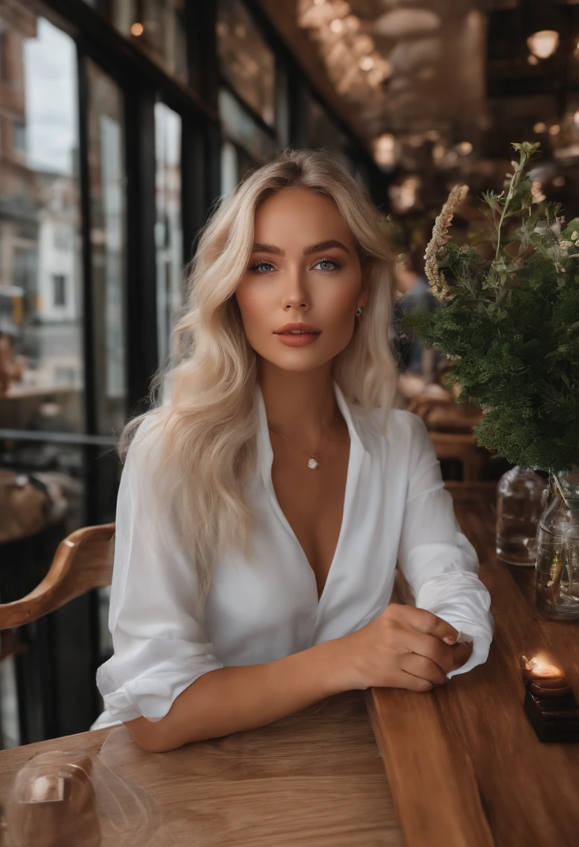 Realistic white Instagram influencer, best quality, Blond, 女の子1人, blaue Augen, mit freunden im Restaurant, isst Salat