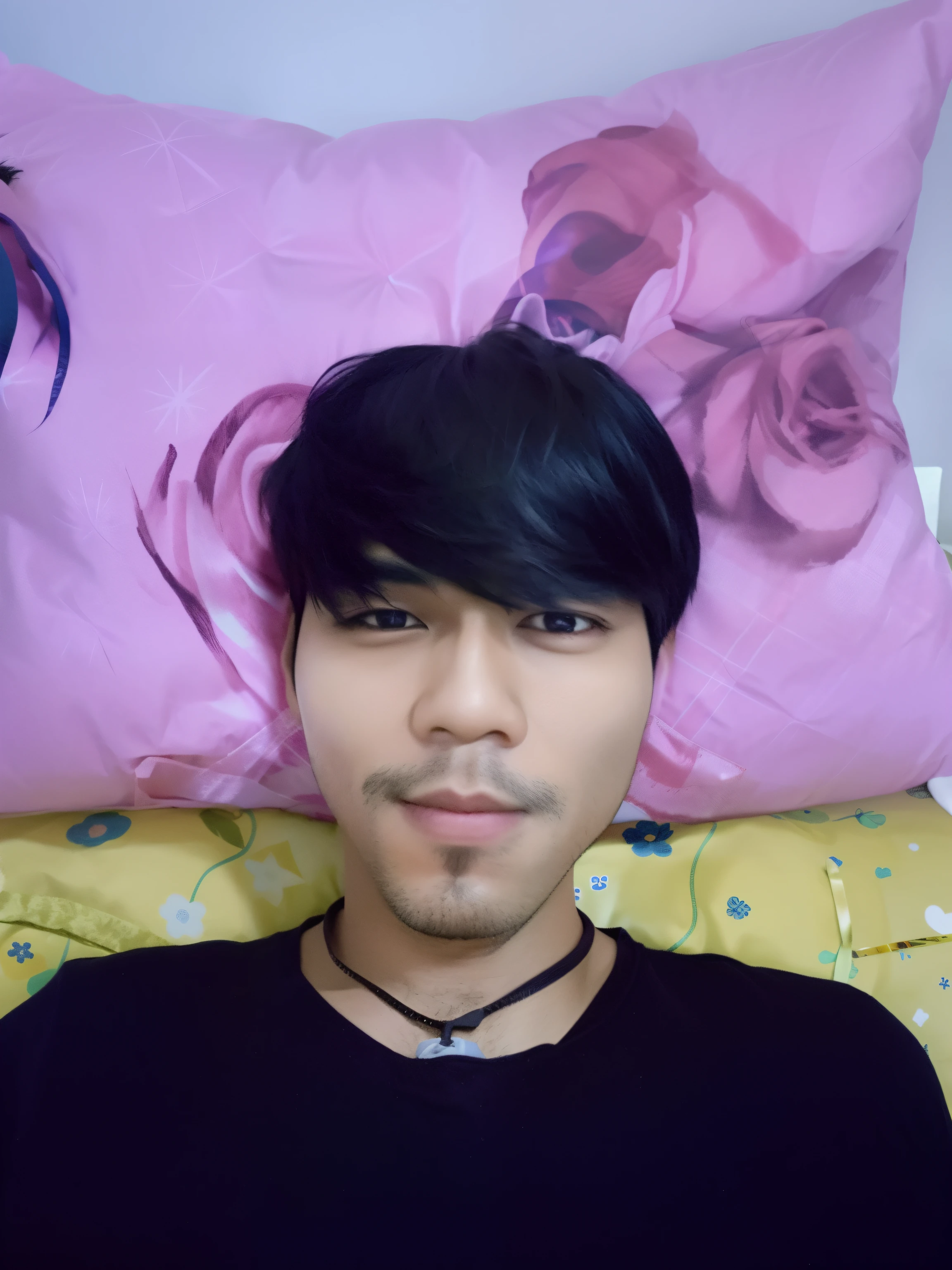 there is a man that is laying down with a pillow, with short hair, ruan cute vtuber, thawan duchanee, with long hair, selfie photo, by :5 sexy: 7, nivanh chanthara, with accurate face, wide forehead, south east asian with round face, ramil sunga, potrait