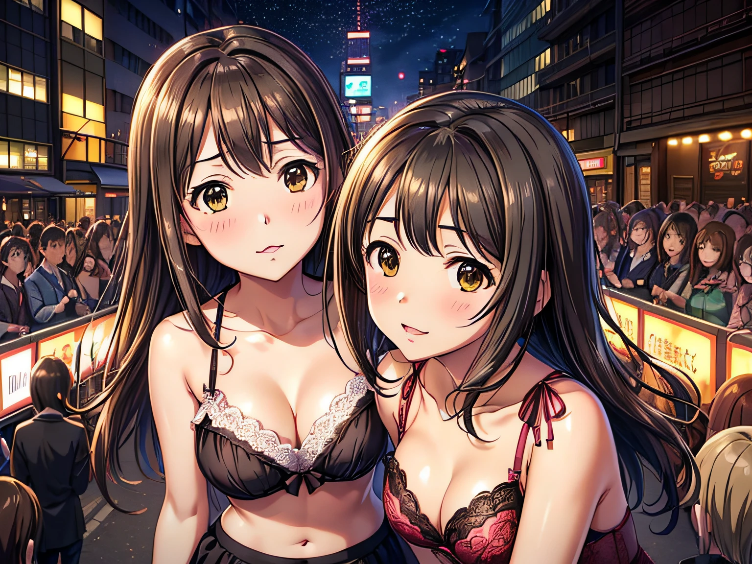 (masutepiece, of the highest quality), High quality, (Realistic:1.3), 2girls, (Maekawa_Miku, medium breasts, Bob cut black hair, blush), and (shimamura uduki, brown Long Hair), sexy lingerie, (cleavage:1.2), Akihabara Street, Night, Moonlight, (Crowd:1.2), (Angle Selfie:1.3), (There is flat sugar:1.3),uzuki shimamura