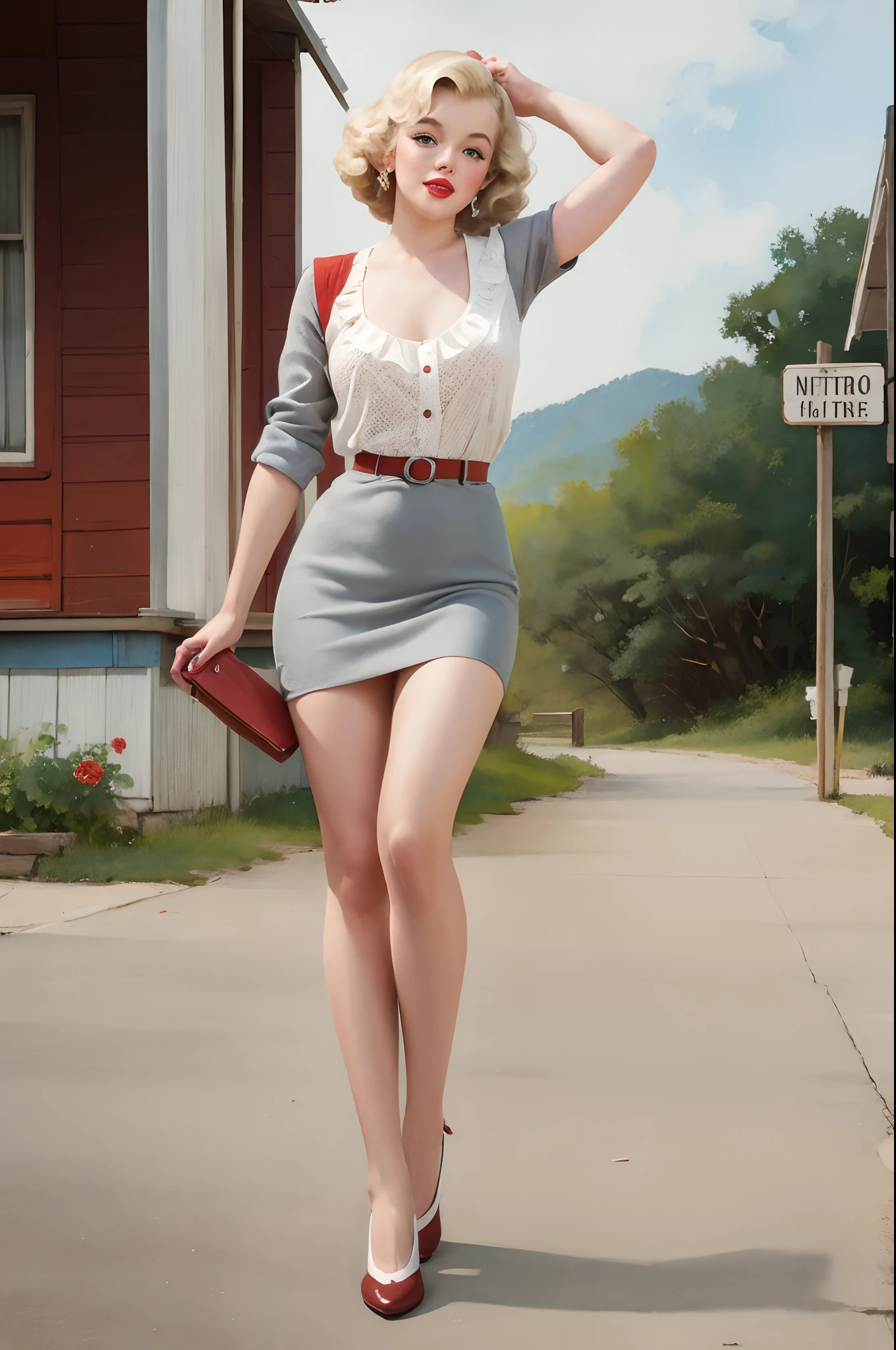 1970s Watercolor, Pen and Ink, a 25 years old Marilyn Monroe in retro fashion, pin-up style, full body, depiction of rural life, light gray and light brown and red and white and blue, in the style of classical Americana, mottled, playful innocence, white dotted, cutout from white background, in the style of Norman Rockwell, masterpiece art work.