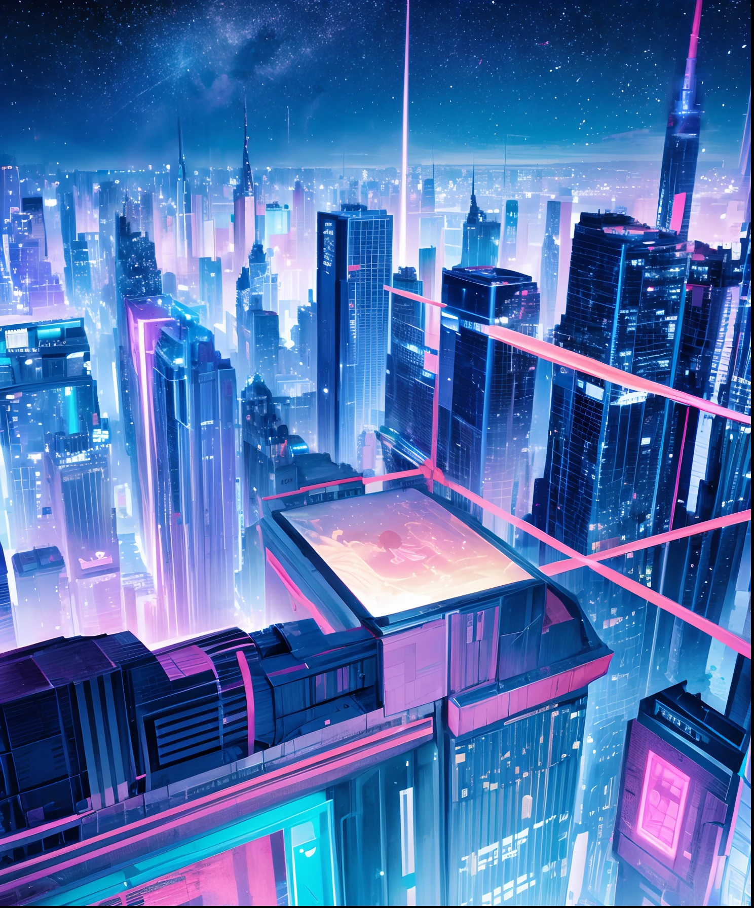 Cute girl characters、 Night view from a high place、Drawing a large number of skyscrapers, Looking up at the starry sky. Surround her with colorful nebulae and colorful metropolis.