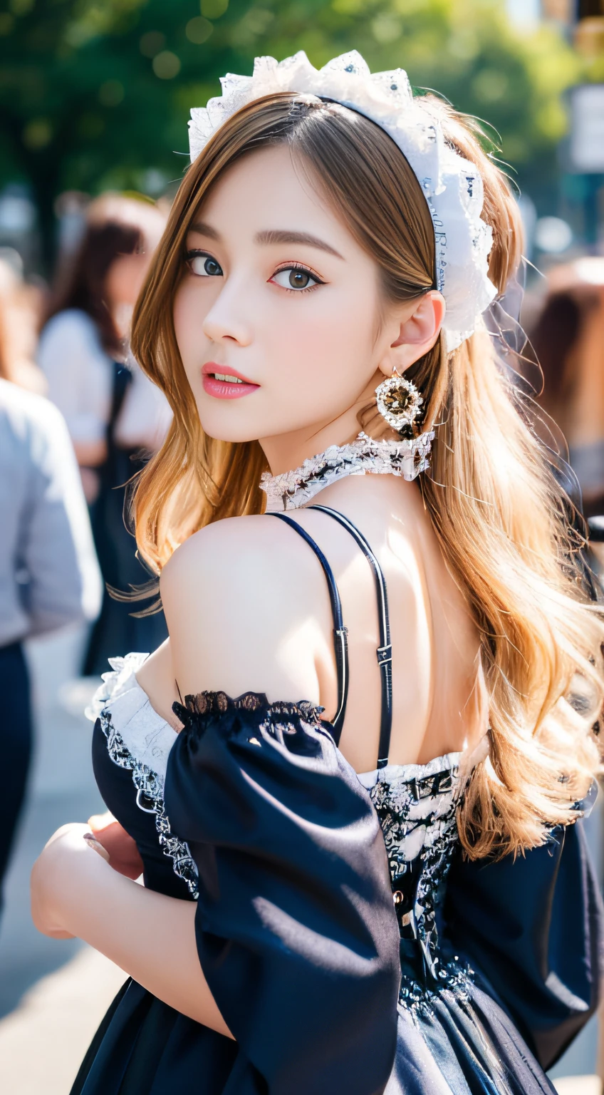 (32K,very high res, high detailing, highly accurate, masutepiece、girl1:1.5),Raw photo & realistic atmosphere,beautiful dark blue eyes,Detailed mouth,Glossy lips,Detailed eyebrows,Eyes drawn in detail with soft white skin that shines in every detail、Very beautiful eyes with azure eyes,Detailed lips、Very beautiful face,Very well-formed face、Lifelike face,shiny beautiful lips,Beautiful eyebrows,Infinite reality,Best design,(Insanely cute Japan Lolita fashion beautiful girl,Beautiful thighs,Ideal legs,Beautifully shaped breasts,Very cute beautiful girl,Little GirlBest Natural Makeup,Japanese ido,Korean Idols,Young sensual idol,Moist eyes,Beautiful eyes that sparkle,Beautiful butt,beauty legs,,camel's foot,:1.2),超A high resolution、The face of a masterpiece with high detail,Natural and realistic face,Back lighting,Pure eyes are too cute,Reality Live Action,(Earrings that look good in Lolita fashion,,a necklace,hair adornments,Head dress,Lolita hat:1.5),Glossy nail art,Blonde medium permed hair:1.4),(Lolita fashion with very beautiful embroidery in high detail high definition,Beautiful Lolita in high detail high definition,a miniskirt,Show full-body fashion:1.6),Looks Back,On the streets of Harajuku,Gentle smile