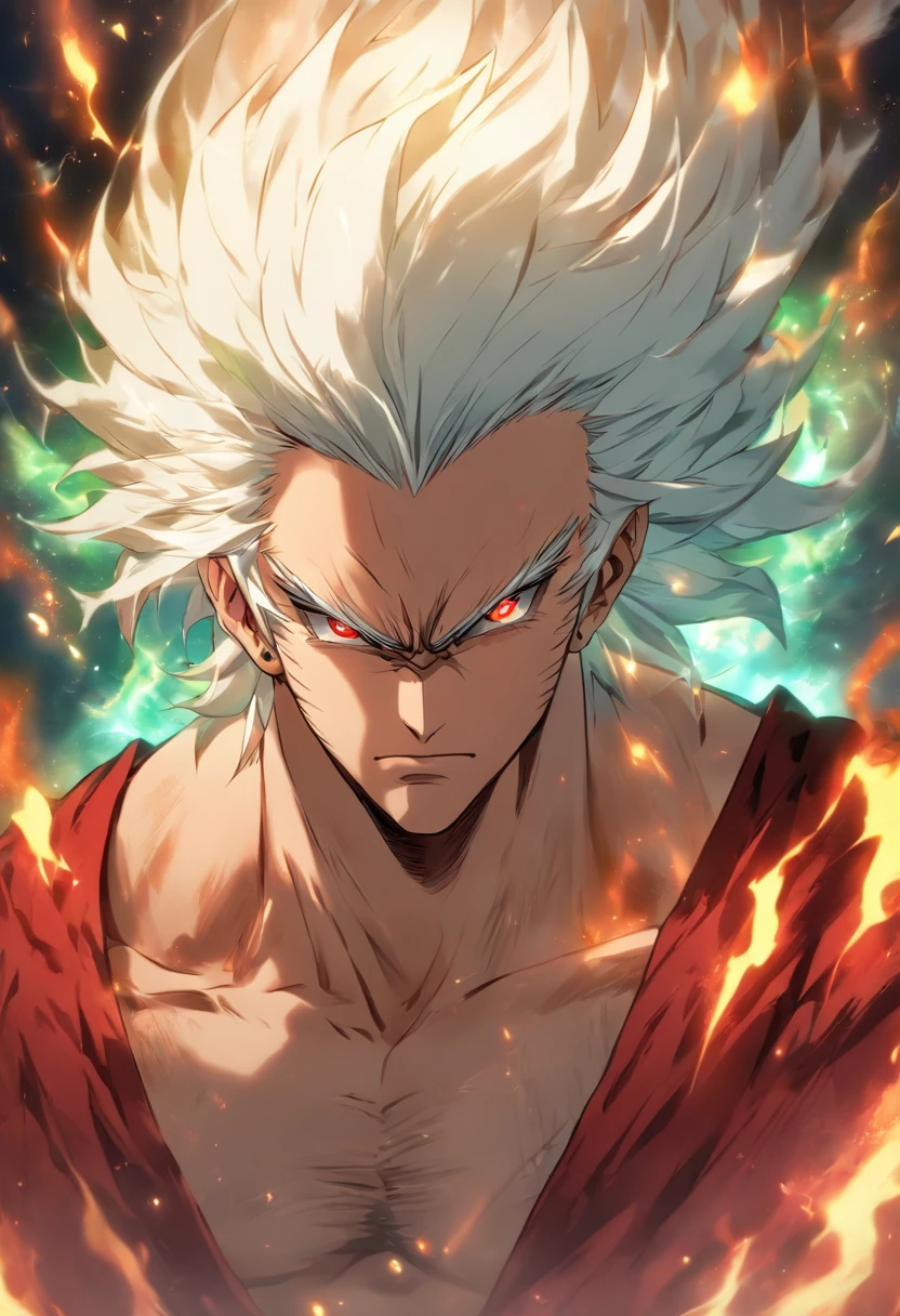 a male anime character with white hair and red eyes, character album cover, full art, antasy character, full art illustration, full portrait of elementalist, character profile art, official character art, official character illustration, merlin, high detailed official artwork, game key art, omoide emanon, oz, mobile game art, fangs, smurk, white hair, no shirt, muscular body, walking pose