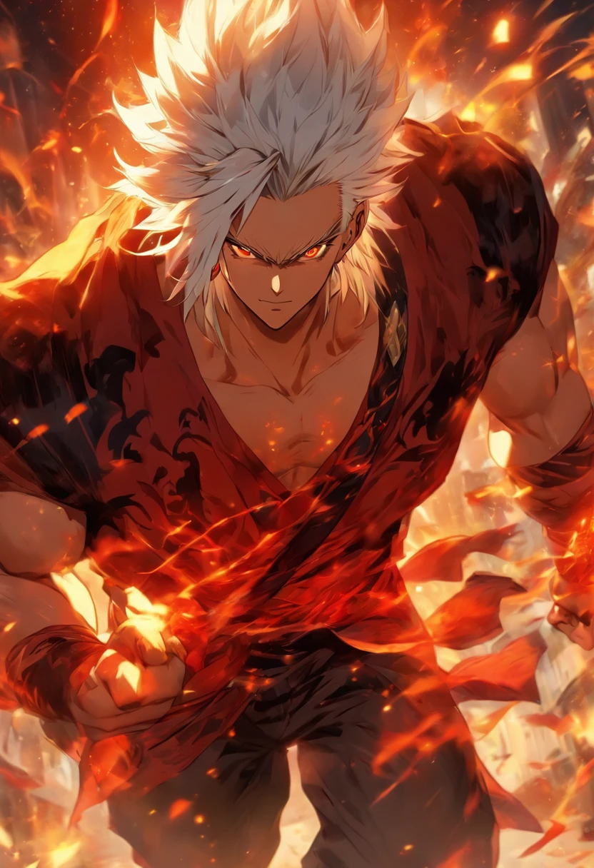 a male anime character with white hair and red eyes, character album cover, full art, antasy character, full art illustration, full portrait of elementalist, character profile art, official character art, official character illustration, merlin, high detailed official artwork, game key art, omoide emanon, oz, mobile game art, fangs, smurk, white hair, no shirt, muscular body, walking pose