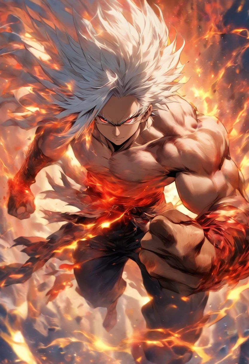 a male anime character with white hair and red eyes, character album cover, full art, antasy character, full art illustration, full portrait of elementalist, character profile art, official character art, official character illustration, merlin, high detailed official artwork, game key art, omoide emanon, oz, mobile game art, fangs, smurk, white hair, no shirt, muscular body, walking pose