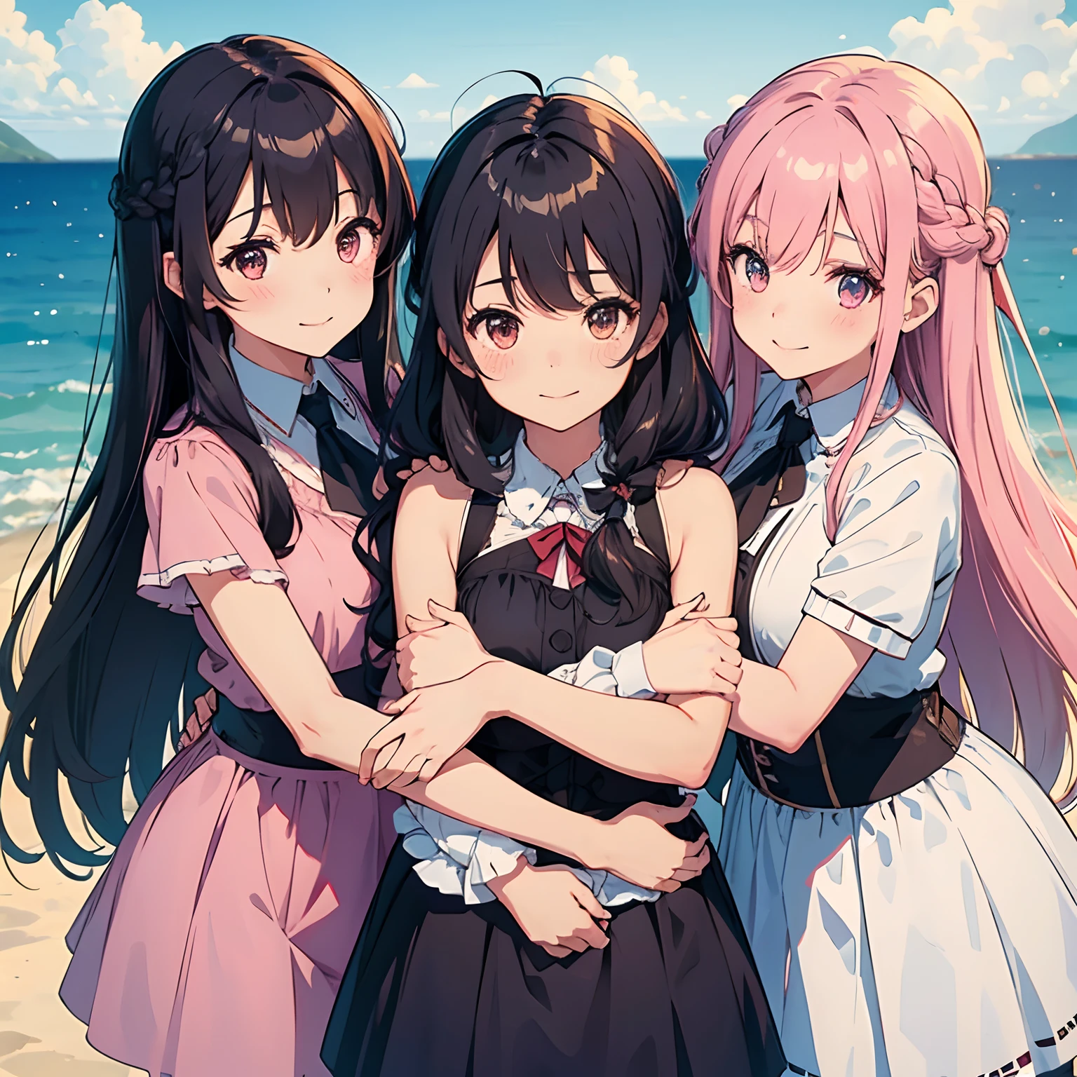 3girls, different hairstyles,  different hair color, blush, holding hands, hug, hug from behind, long hair,  smile, beautiful background