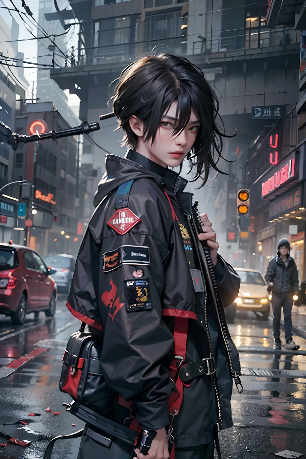 1boy,、Cyberpunk Boy、Black attire、katanas,machine gun、Spiky hairstyle、Whole body bloody、The beginning of the adventure、Lots of clouds,heavy fog、Chaotic city of the future、ruined and devastated city、dystopian、A very complex group of buildings stands in the center、Highly complex Chinese buildings、Pretty dim lighting、Dark road、puddles、Chaotic landscape、Beautiful and fantastic scenery、Cinematic scenery、hightquality、masutepiece,8K、hight resolution、ultra-detailliert,