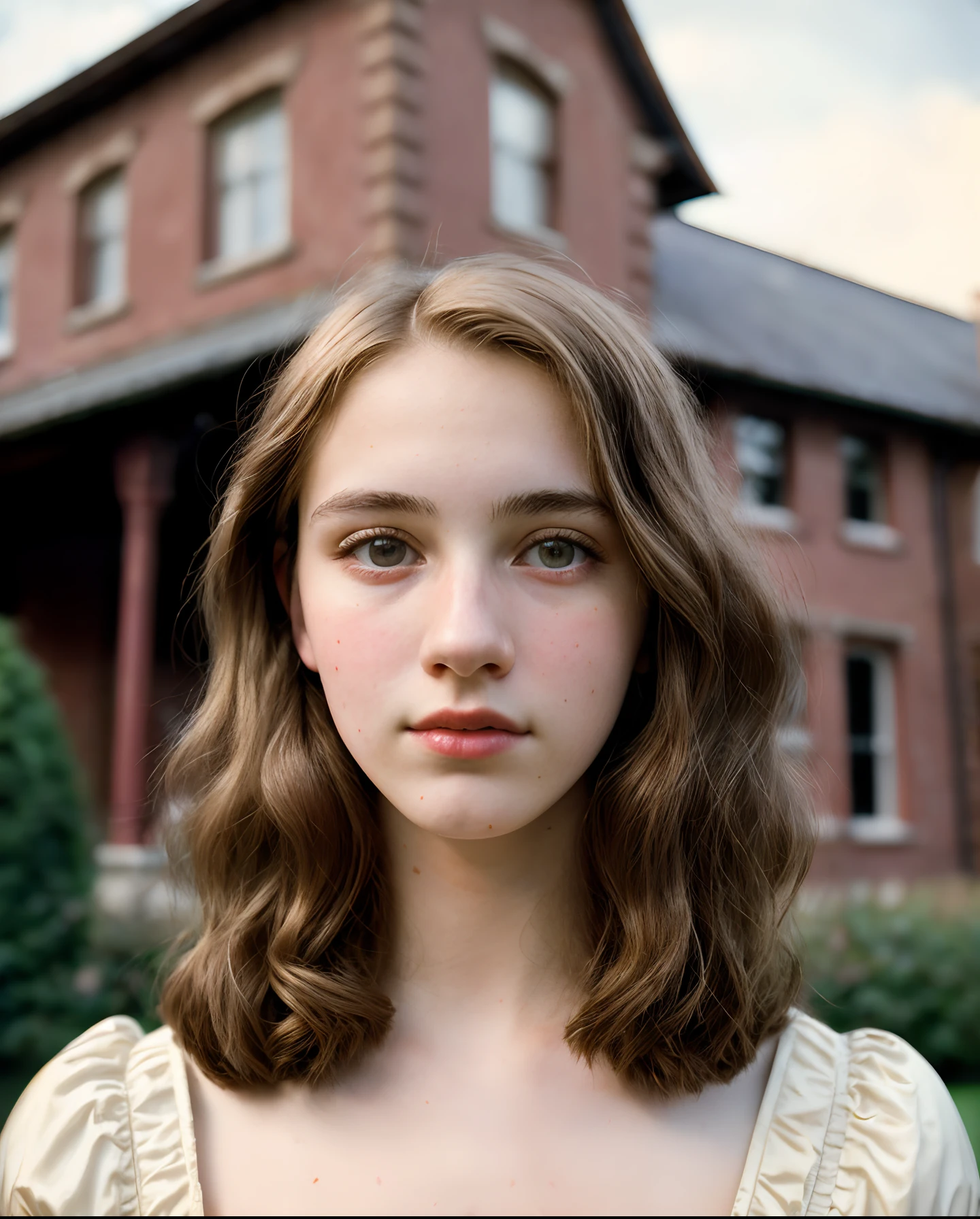 (a closeup of a, Editorial photo of a beautiful slender in the courtyard of a 19th century house in a vintage dress), (Serious:0.5) (Highly detailed face:1.4), Nikon D850, film stock photograph ,4 Kodak Portra 400 ,camera f1.6 lens ,saturated colors ,hyper realistic ,lifelike texture, dramatic lighting , Cinestill 800, 19th-century Victorian style, Evening, Vintage lighting, short wavy hair