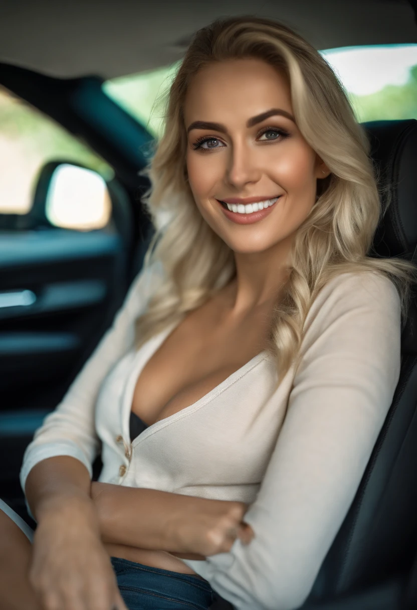 a smiling blonde in a car, sexy 25 year old. realistic photo. ultra detailed. in sexy clothes HDR, very realistic, photorealism, 8k, cinematic lighting, natural pose, hispanic, full body, perfect angle, sexy girl with brown eyes, ultra realistic, very detailed, large eyes, without makeup, natural makeup, looking directly at the camera, face with artgram, subtle makeup, medium to large size bust, , sexy, professional, shot on canon, 85mm shallow depth of field, kodak vision color, realistic skin texture, best quality