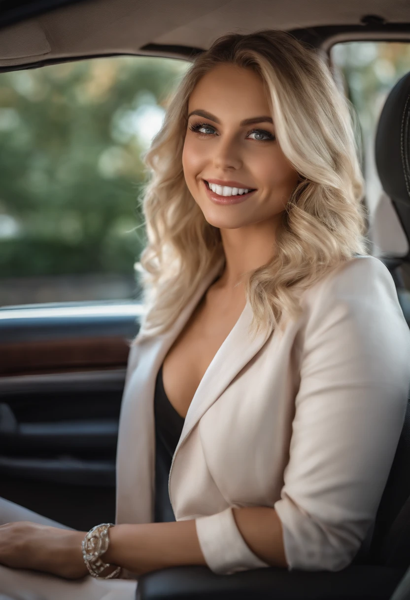 a smiling blonde in a car, sexy 25 year old. realistic photo. ultra detailed. in sexy clothes HDR, very realistic, photorealism, 8k, cinematic lighting, natural pose, hispanic, full body, perfect angle, sexy girl with brown eyes, ultra realistic, very detailed, large eyes, without makeup, natural makeup, looking directly at the camera, face with artgram, subtle makeup, medium to large size bust, , sexy, professional, shot on canon, 85mm shallow depth of field, kodak vision color, realistic skin texture, best quality
