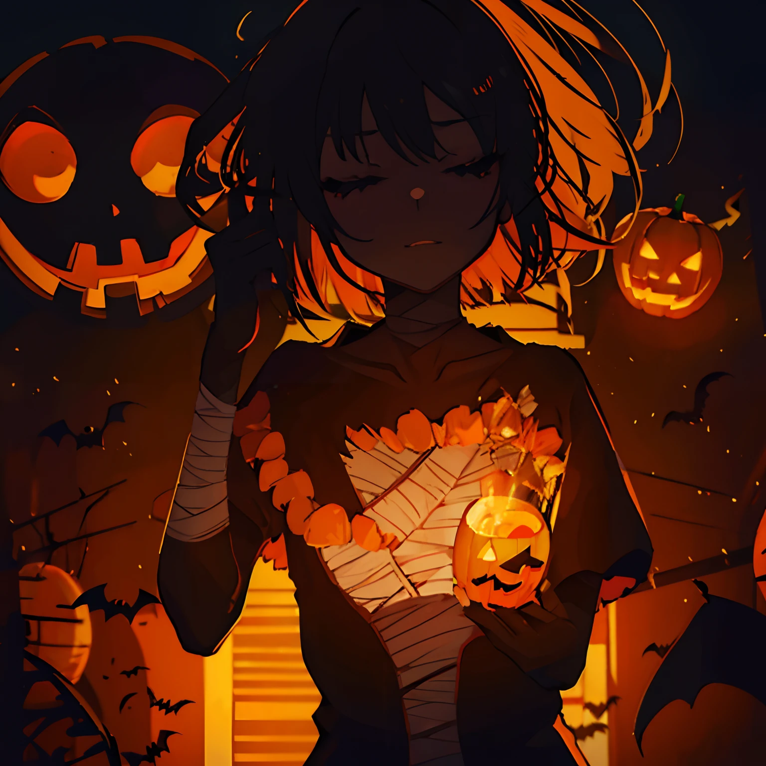 masutepiece, Fine details, 4K, 8K, 12K, Solo, Alone, Beautiful Girl, caucasian female, mummy, Body bandage, Halloween, jack-o-lanterns, 🎃, Bat