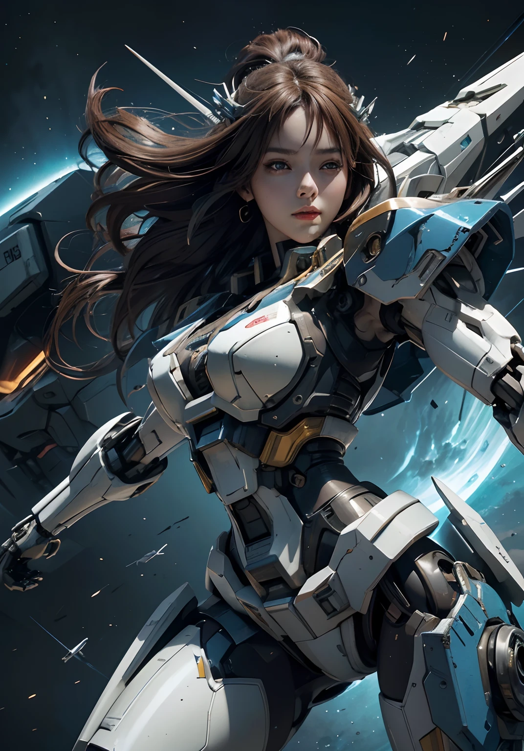 Textured skin, Super Detail, high details, High quality, Best Quality, hight resolution, 1080p, hard disk, Beautiful,(Gundam),beautiful cyborg woman,Mecha Cyborg Girl,Battle Mode,Girl with a Mecha Body,She wears a futuristic Gundam mecha,Fulll body Shot