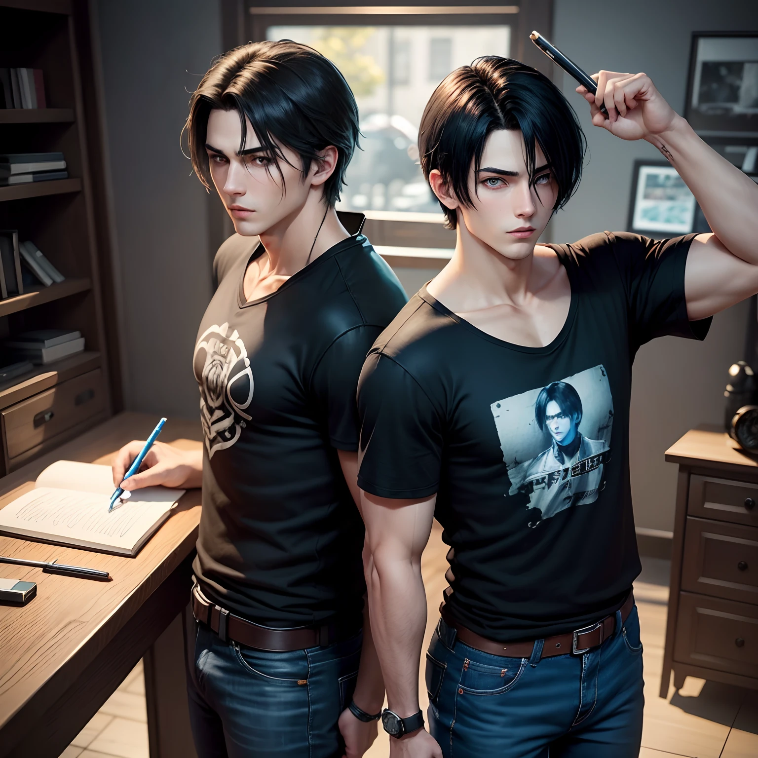 Imagine a 20-year-old boy of the middle ages look like leon kennedy with black hair,writing notebook outfit black hood jack cool t shirt blue jean,gaming character king of fighters 4k realistic full body