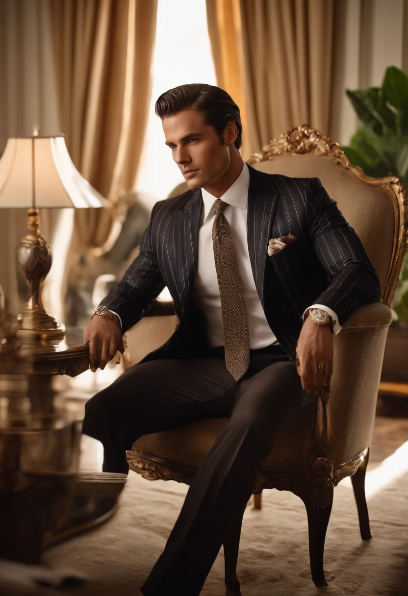 character sitting in a chair with arm raised, dark hair (neck length hair tied in a ponytail), nice pose, handsome man, pretty face, royal elegant pose, business man, (in a striped blazer), (The surrounding environment is a luxurious and classic living room) (sand tone image)