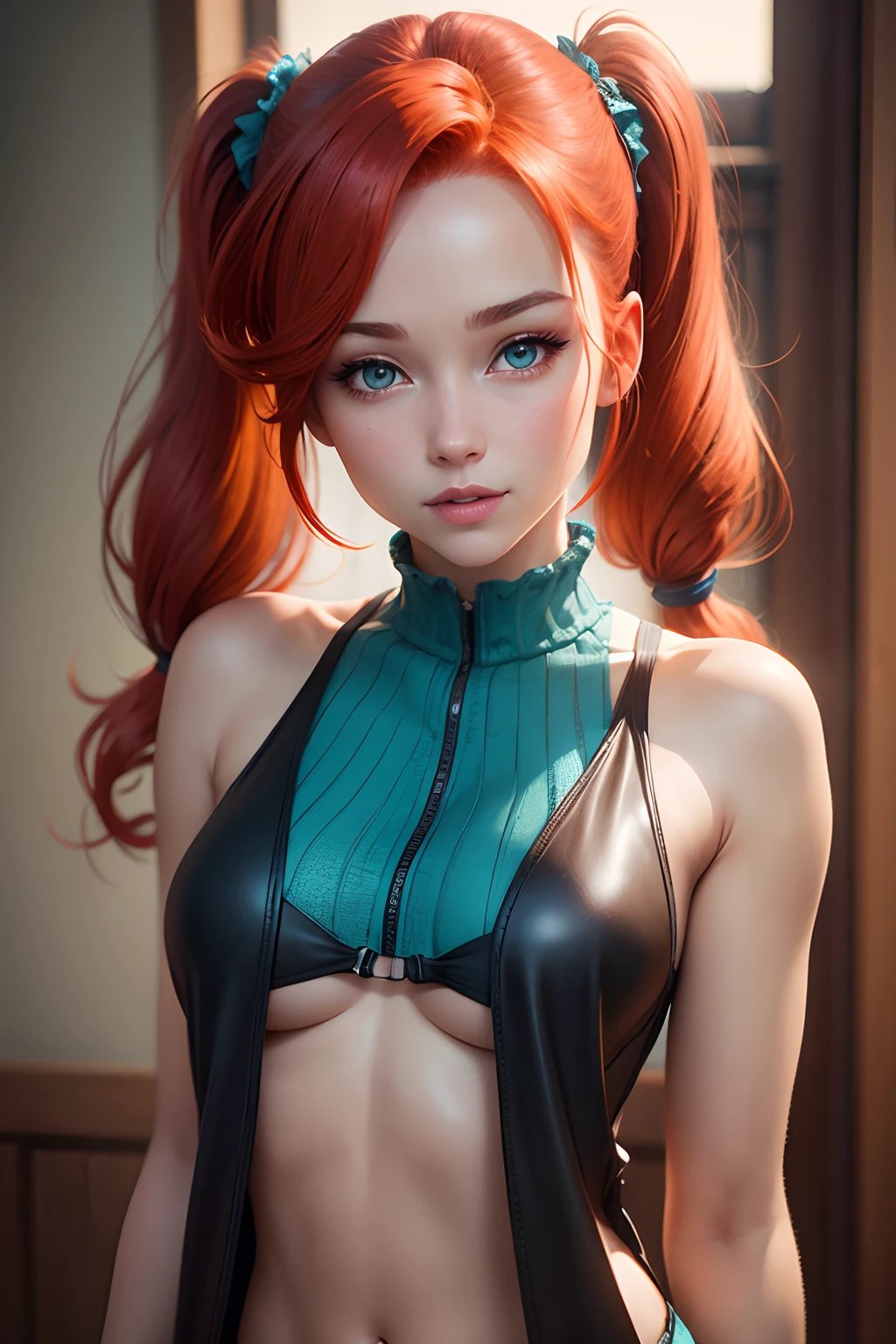 Photorealistic, Sexy, woman's, style of, pigtails, passion, , redhead hair, ssmile, Cyan eyes, little chest