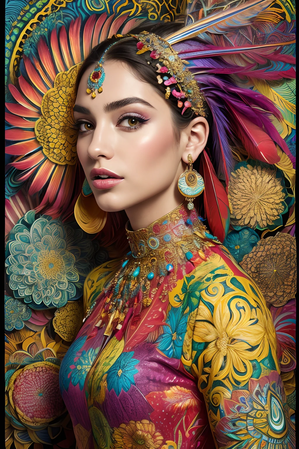 A woman with colorful makeup and feathers on her head - SeaArt AI