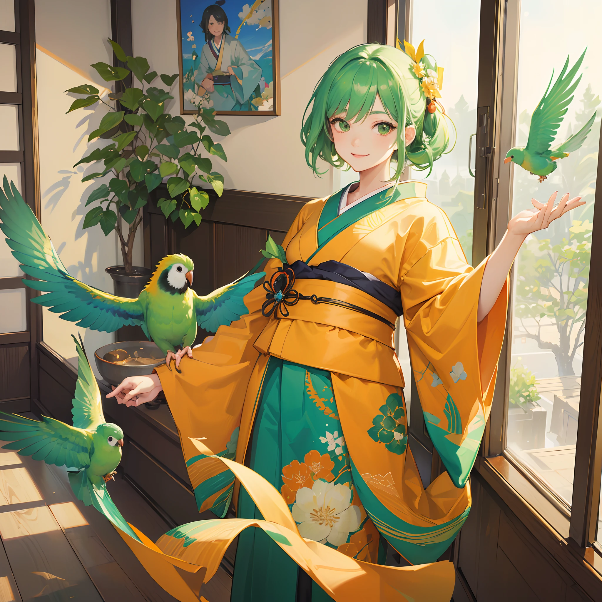 (best quality,4k,highres,masterpiece:1.2),ultra-detailed,realistic,portrait,painting,traditional Japanese,adorable girl with a mischievous smile,closely nestled with a parakeet,wearing a kimono,orange and green parakeets,inside a Japanese-style house,close-up of the upper body.
