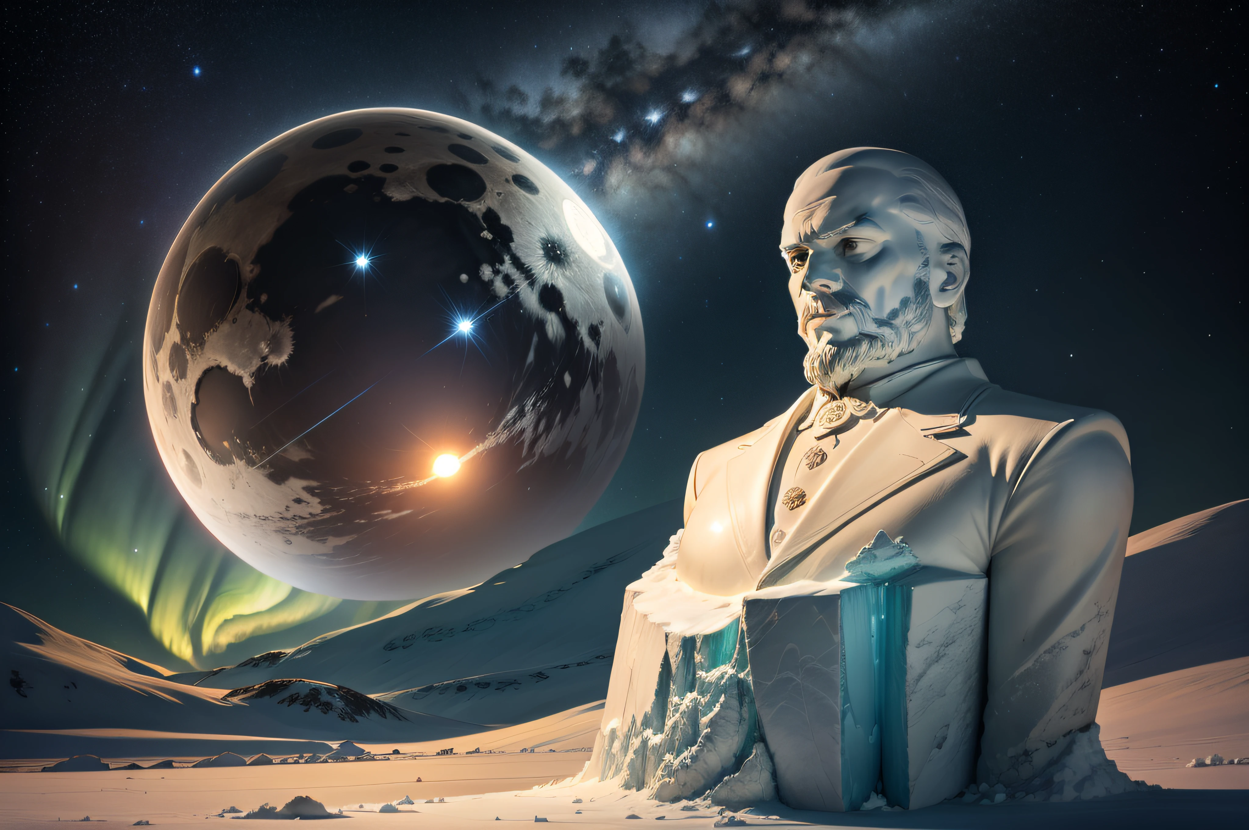 the resplendent solid marble bust of lenin, embossed writing, frozen wasteland of antarctica, nighttime, brilliant moonlight, icy water, aurora, stars, galaxies, nebulae