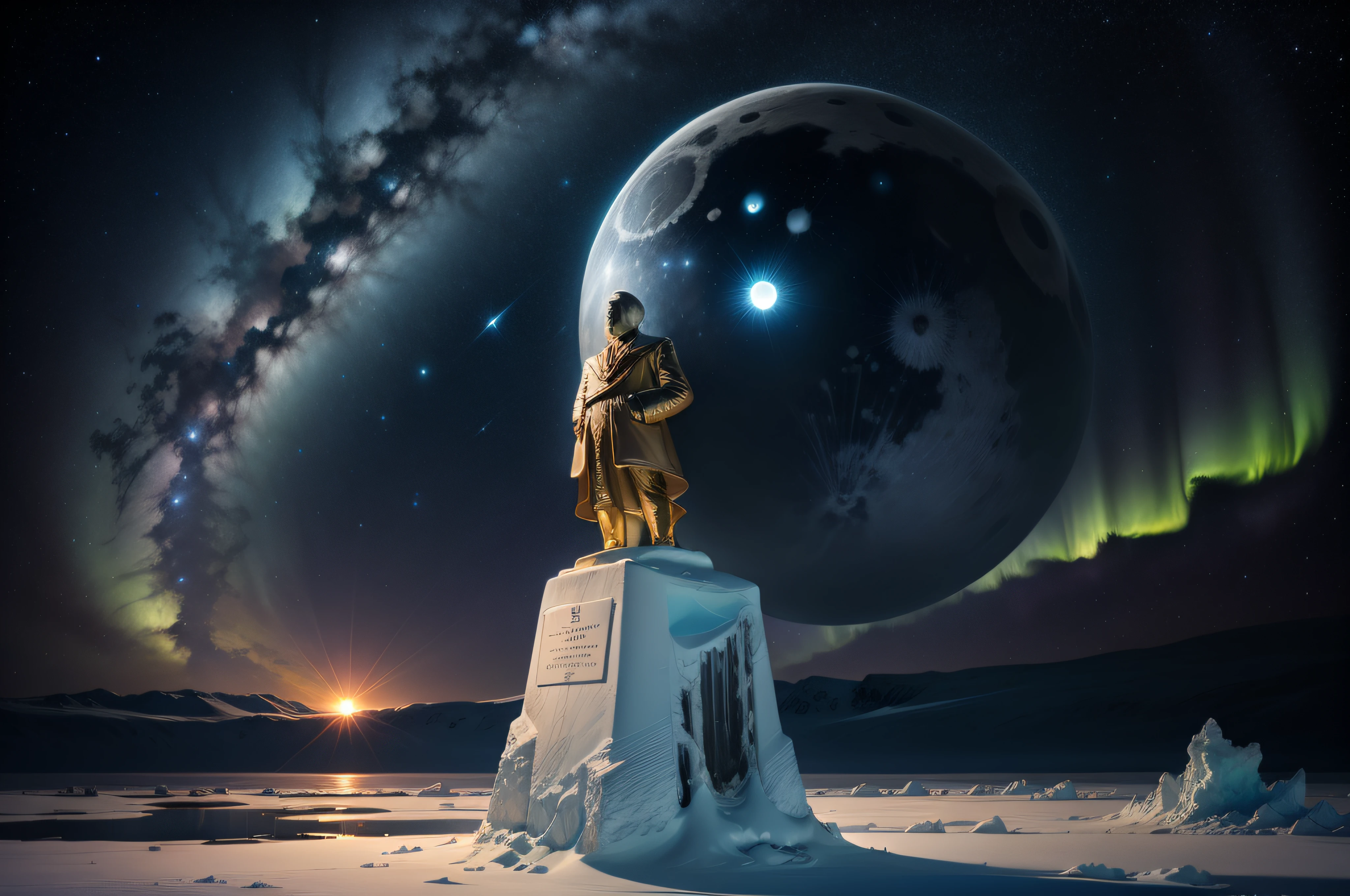 the resplendent solid marble bust of lenin, embossed writing, frozen wasteland of antarctica, nighttime, brilliant moonlight, icy water, aurora, stars, galaxies, nebulae