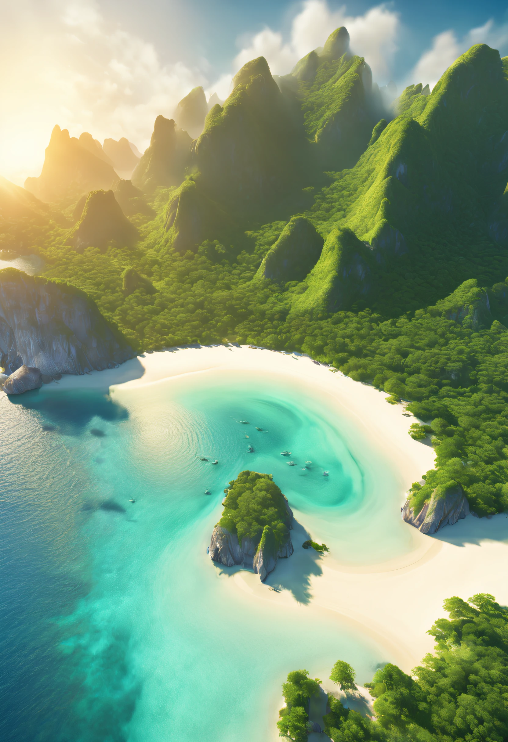 (best quality,4k,highres,masterpiece:1.2),ultra-detailed,realistic:1.37,photorealistic,HDR,UHD,aerial view,crystal-clear water,vivid colors, serene atmosphere,glowing sunset,remote island,hidden,isolated,breathtaking landscape,majestic,mountains,white sand beaches,tropical paradise,lush greenery,turquoise blue sea,tranquil,peaceful,secluded,untouched,pristine nature,warm sunlight,dreamy,fantasy,unforgettable,once-in-a-lifetime experience,romantic,serene,heartwarming,awe-inspiring surreal effects