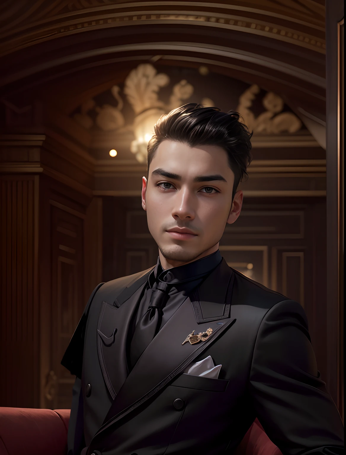 This boy copy to photo face A sophisticated businessman exuding confidence and elegance, seated on a plush couch, in an opulent black suit, with a Rolex watch, meticulously detailed and remarkably realistic.