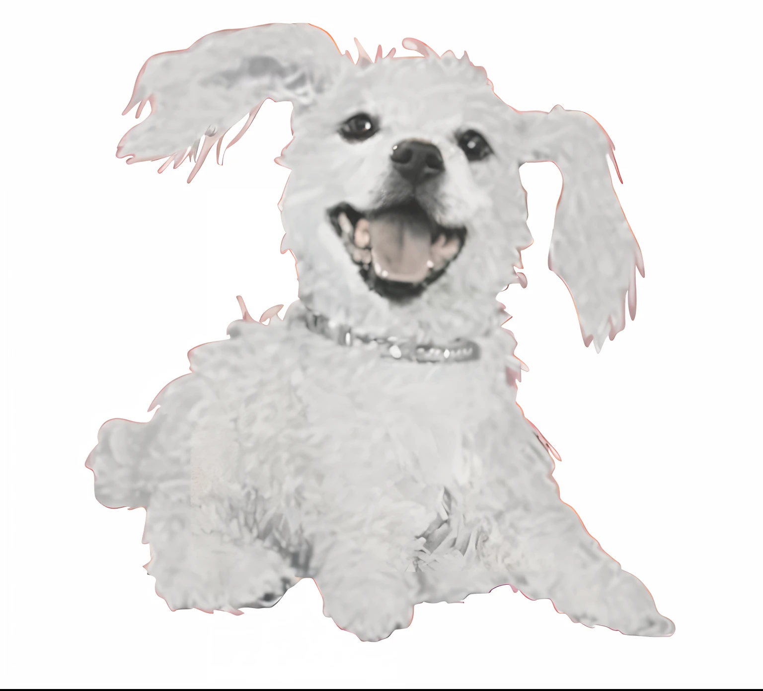 There is a drawing of a dog with a collar and collar, happy dog, an ai generated image, anthropomorphic dog, drawn with photoshop, highly detailed photo of happy, a painting of white silver, Verbose, morphing dog head, painting of cute dog, Bunny, With a happy expression, Cute dog, pet animal, pepper
