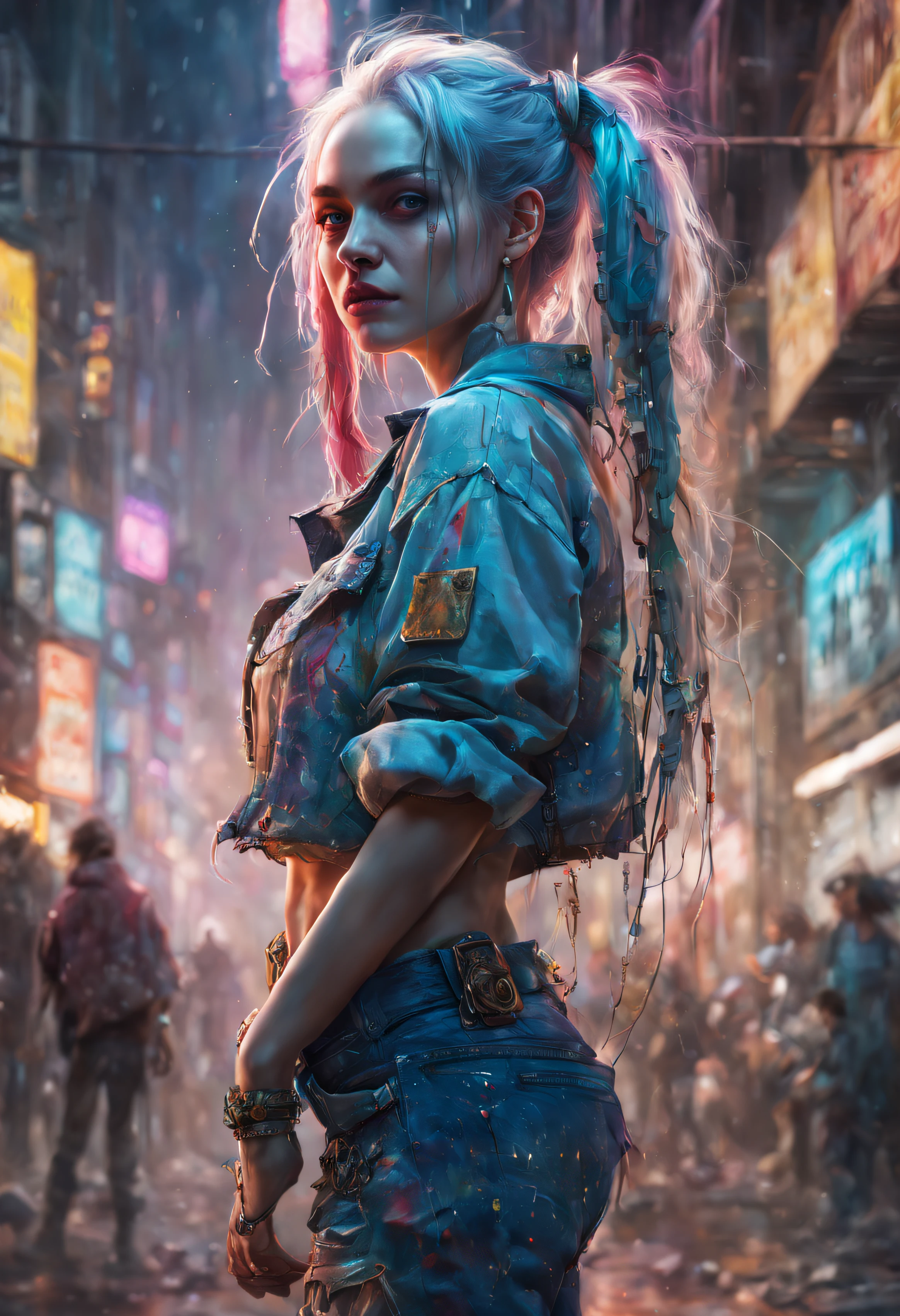 35mm, F/2.8, cyberpunk, shoulder length messy long platinum hair, happy, Full body, piercing Harley Quinn full jeans and short shirt, hyperdetailed painting, luminism, art by Carne Griffiths and Wadim Kashin concept art, 4k resolution, fractal isometrics details bioluminescence , 3d render, octane render, intricately detailed , cinematic, trending on Isometric Centered Hyperrealistic cover photo awesome full color, hand drawn , gritty, realistic , hit definition , cinematic, on paper, ethereal background, abstract beauty, stand, approaching perfection, pure form, golden ratio, minimalistic, unfinished, concept art, by Brian Froud and Carne Griffiths and Wadim Kashin and John William Waterhouse, intricate details, 8k post production, high resolution, hyperdetailed, trending on Artstation, sharp focus, studio photo, intricate details, highly detailed,