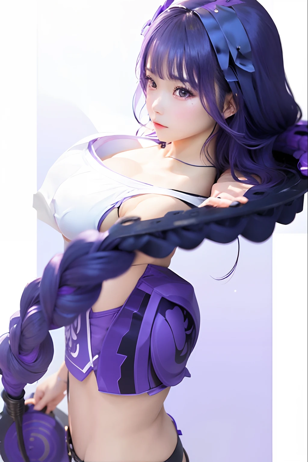 1girl, raiden shogun, bikini, long hair, purple hair, relistic, ultra detail, 70mm lens,