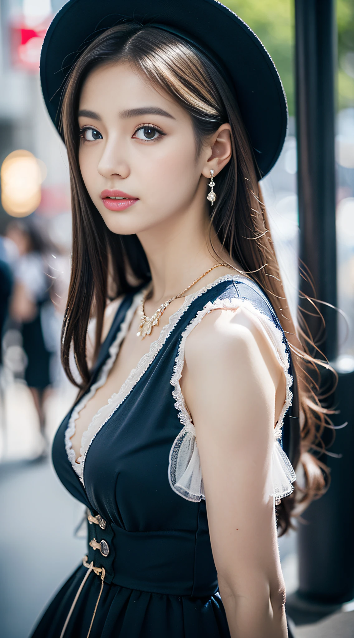 (32K,very high res, high detailing, highly accurate, masutepiece、girl1:1.5),Raw photo & realistic atmosphere,beautiful dark blue eyes,Detailed mouth,Glossy lips,Detailed eyebrows,Eyes drawn in detail with soft white skin that shines in every detail、Very beautiful eyes with azure eyes,Detailed lips、Very beautiful face,Very well-formed face、Lifelike face,shiny beautiful lips,Beautiful eyebrows,Infinite reality,Best design,(Insanely cute Japan 15-year-old beautiful girl,Beautiful thighs,Ideal legs,Beautifully shaped breasts,Very cute beautiful girl,Little Girl:1.4),Best Natural Makeup,Japanese ido,Korean Idols,Young sensual idol,Moist eyes,Beautiful eyes that sparkle,Beautiful butt,beauty legs,,camel's foot,:1.2),超A high resolution、The face of a masterpiece with high detail,Natural and realistic face,Back lighting,Pure eyes are too cute,Reality Live Action,(Earrings that look good in Lolita fashion,,a necklace,hair adornments,Head dress,Lolita hat:1.5),Glossy nail art,Blonde medium permed hair:1.4),(Very beautiful blue-based Lolita fashion with high detail high definition,High Detail High Definition Beautiful Blue Base Modern Lolita,a miniskirt,Show full-body fashion:1.6),Looks Back,On the streets of Harajuku,Gentle smile
